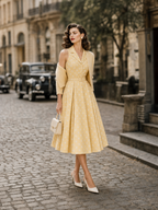 1950s Retro Yellow Dotted Collared Fitted-Waist Swing Midi Dress