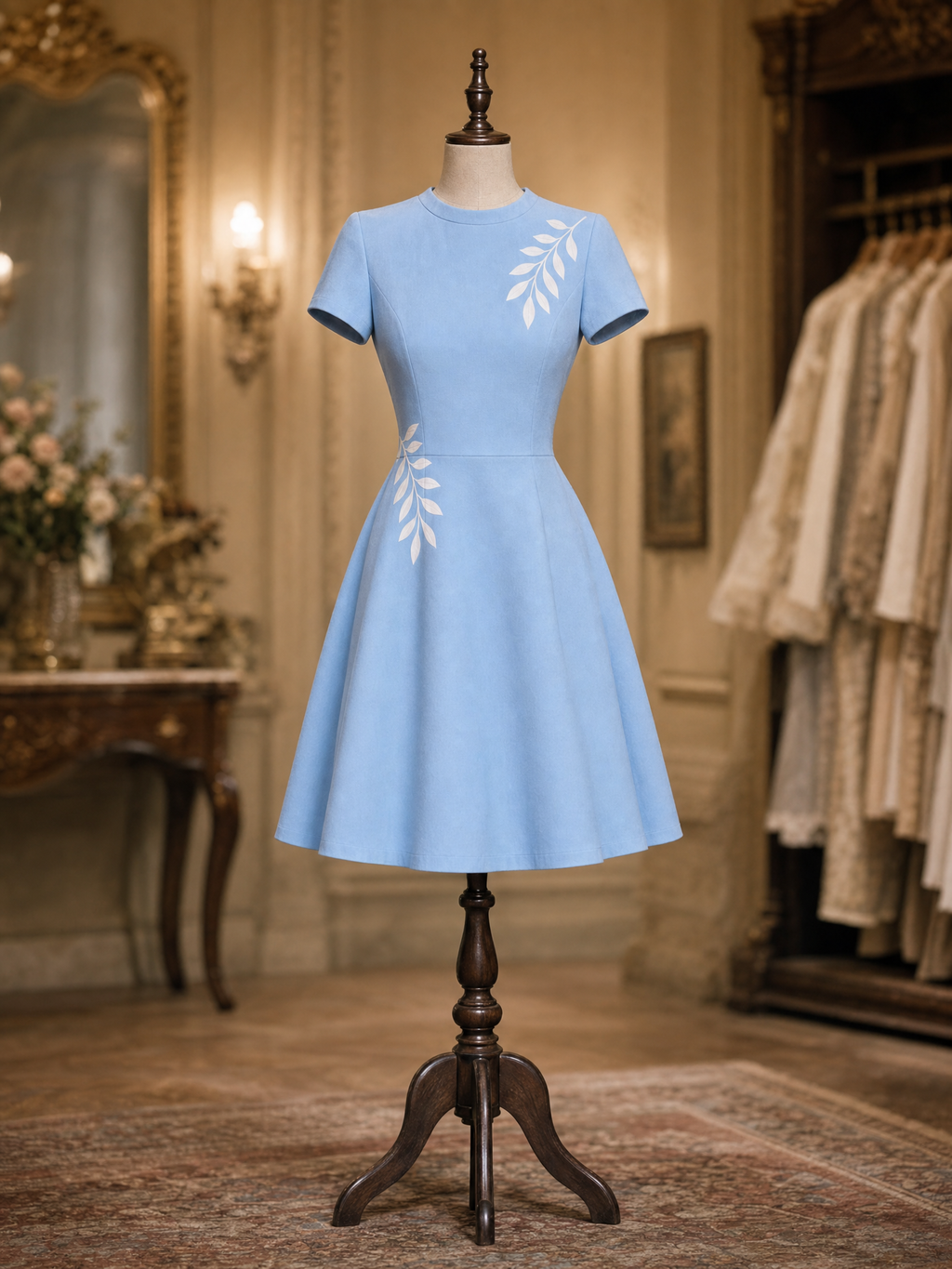Vintage Sky Blue Leaf Print Tea Party Fit Flare Mini Dress