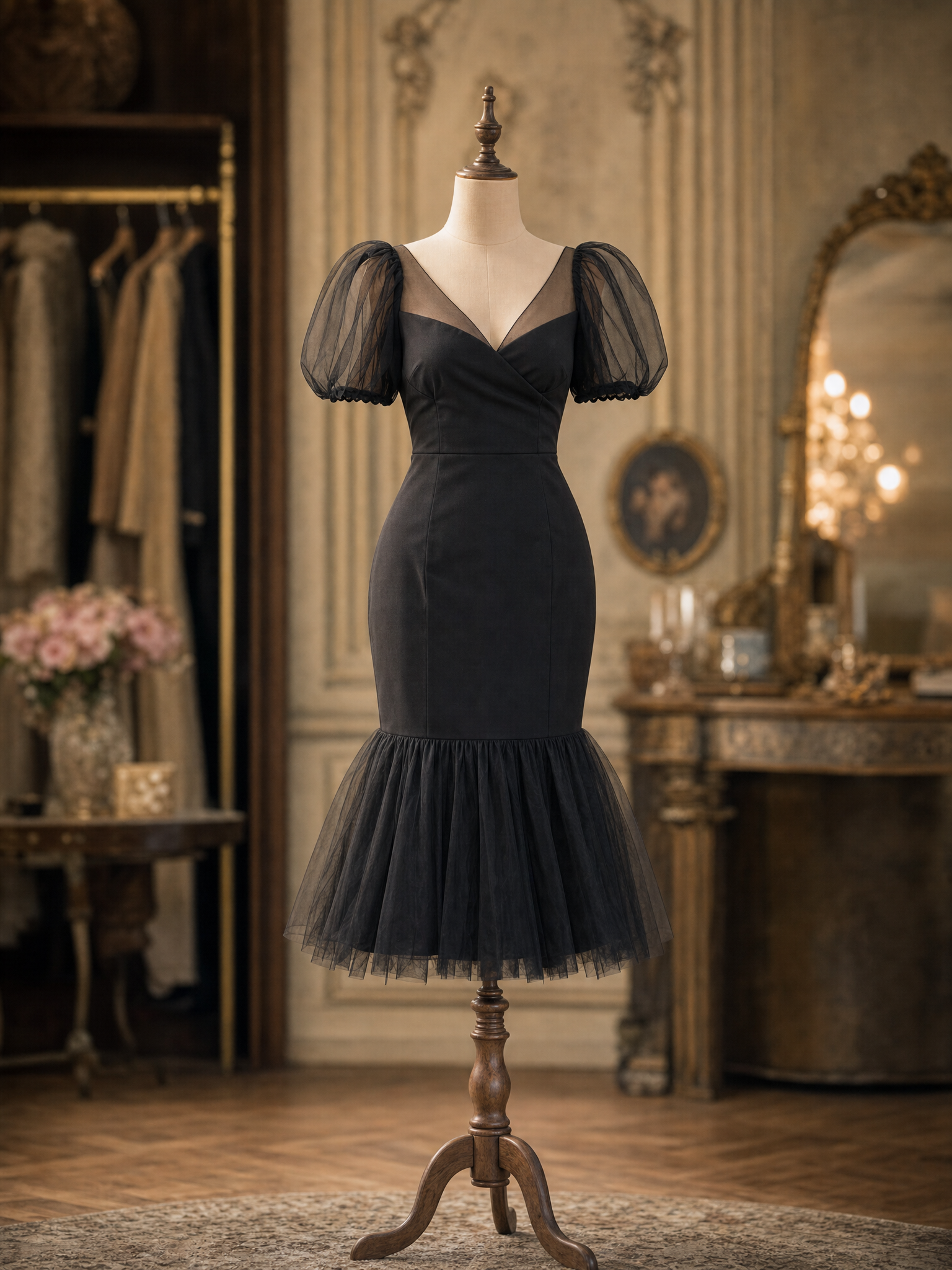 Vintage Mesh Ruffle Hem Cocktail Bodycon Midi Dress