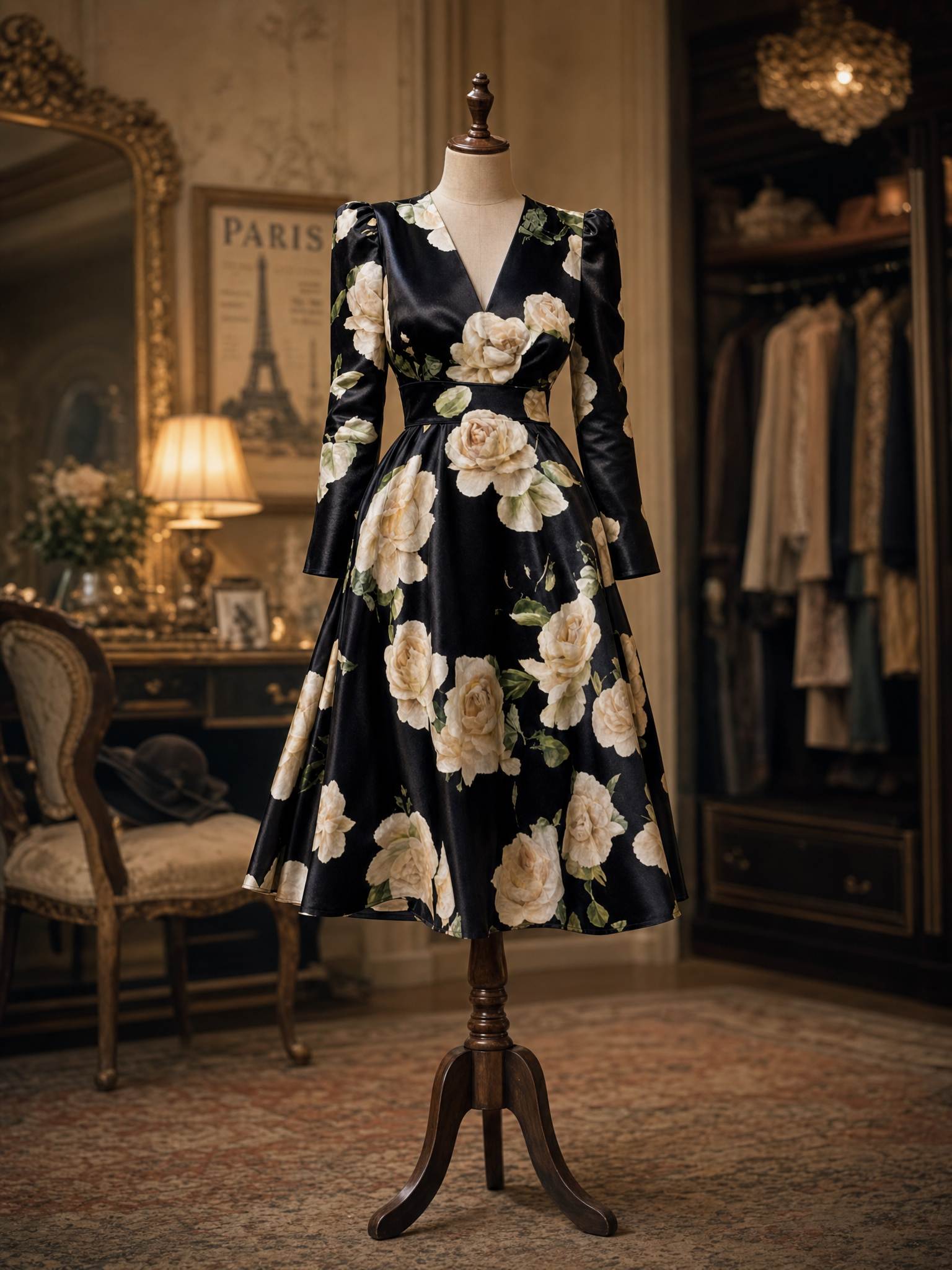 Vintage Black Satin White Rose Midi Tea Party Midi Dress