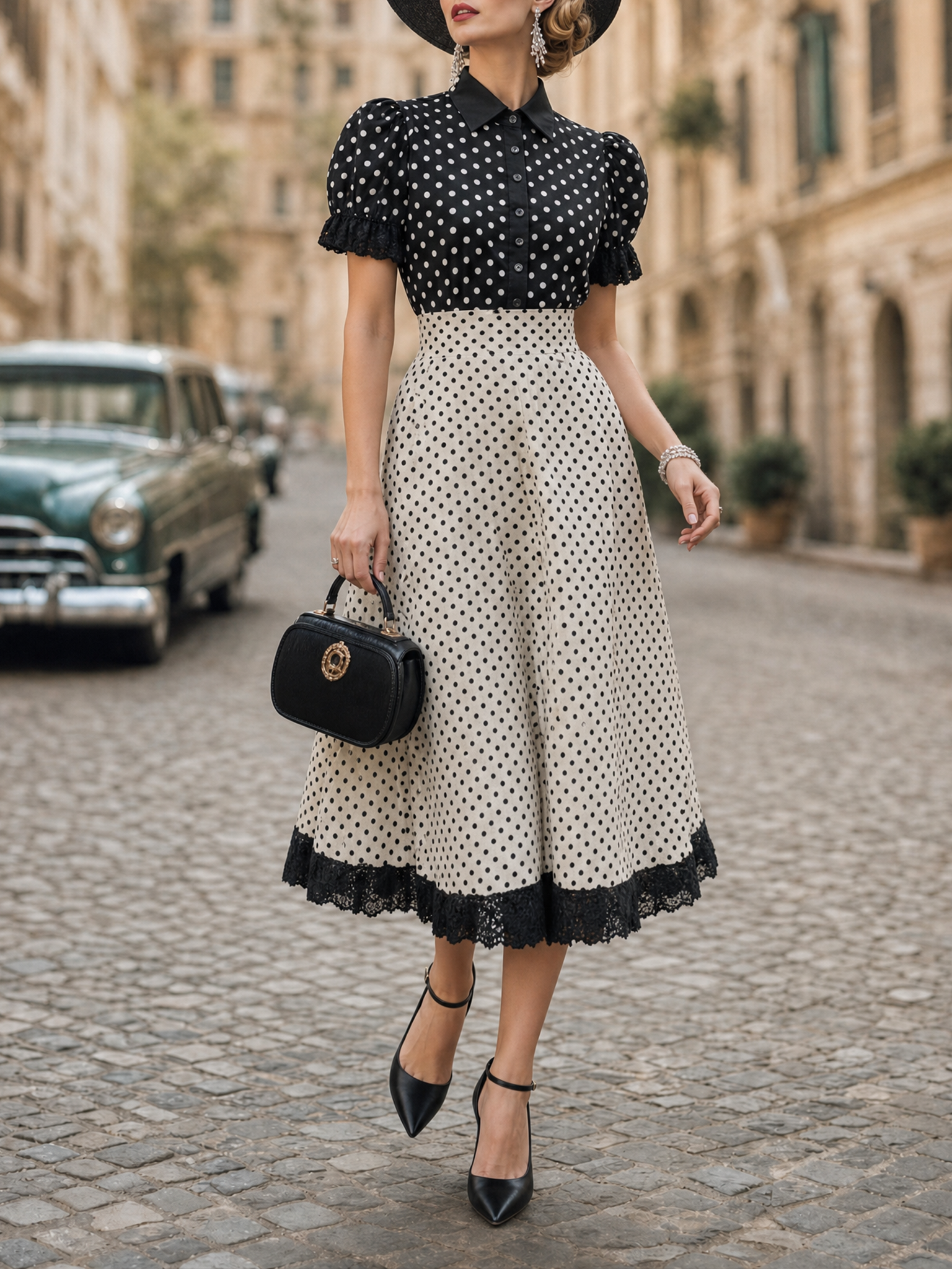 Vintage Color Block Polka Dot Lace Trim Puff Sleeve Midi Dress