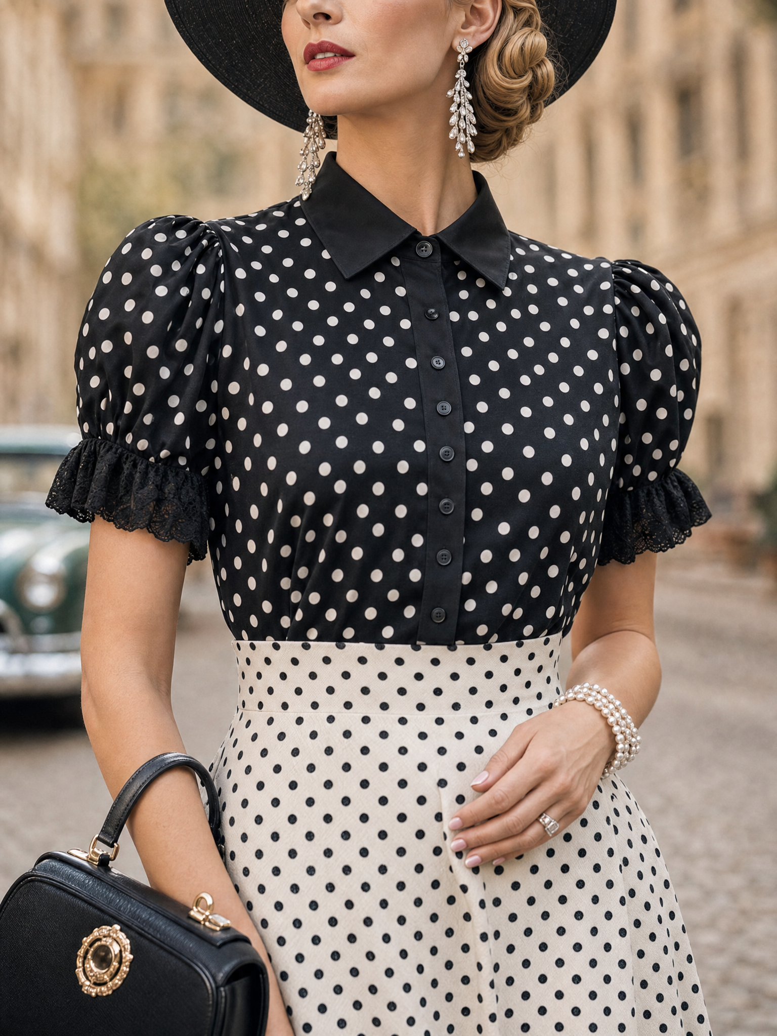 Vintage Color Block Polka Dot Lace Trim Puff Sleeve Midi Dress