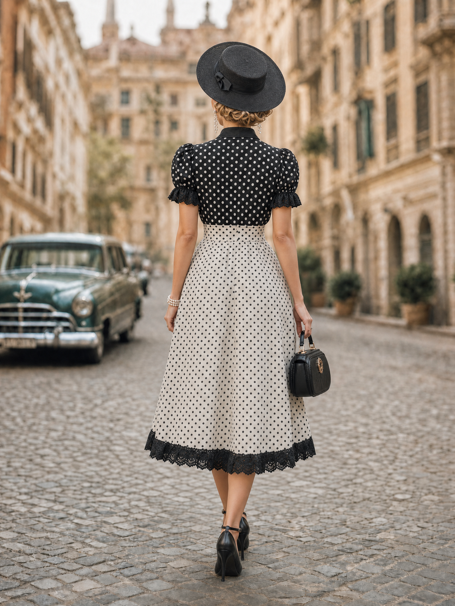Vintage Color Block Polka Dot Lace Trim Puff Sleeve Midi Dress