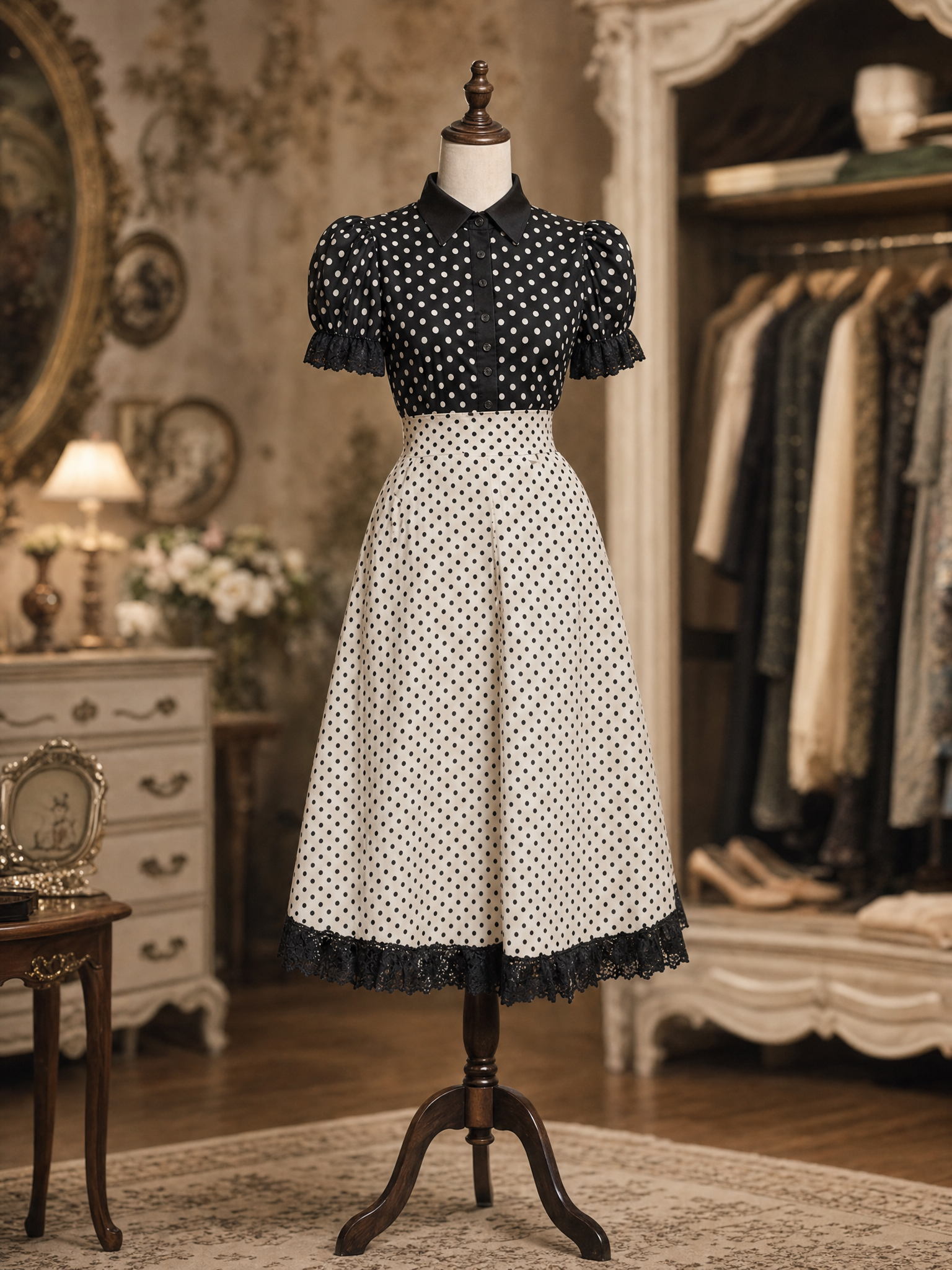Vintage Color Block Polka Dot Lace Trim Puff Sleeve Midi Dress