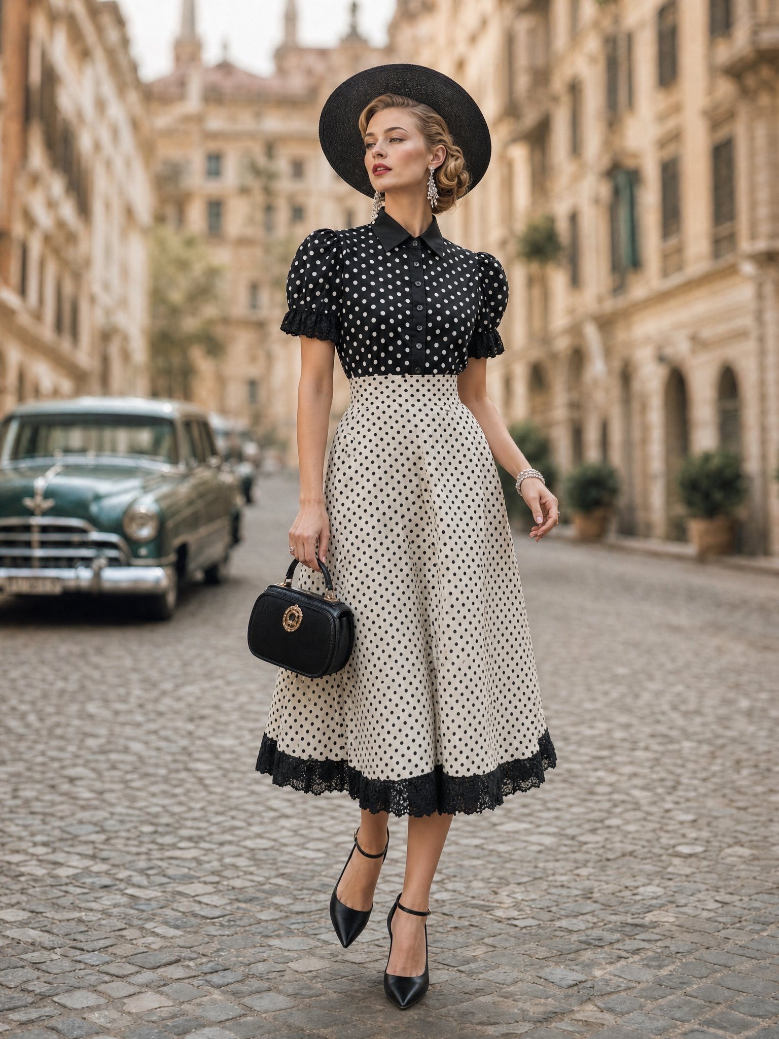 Vintage Color Block Polka Dot Lace Trim Puff Sleeve Midi Dress