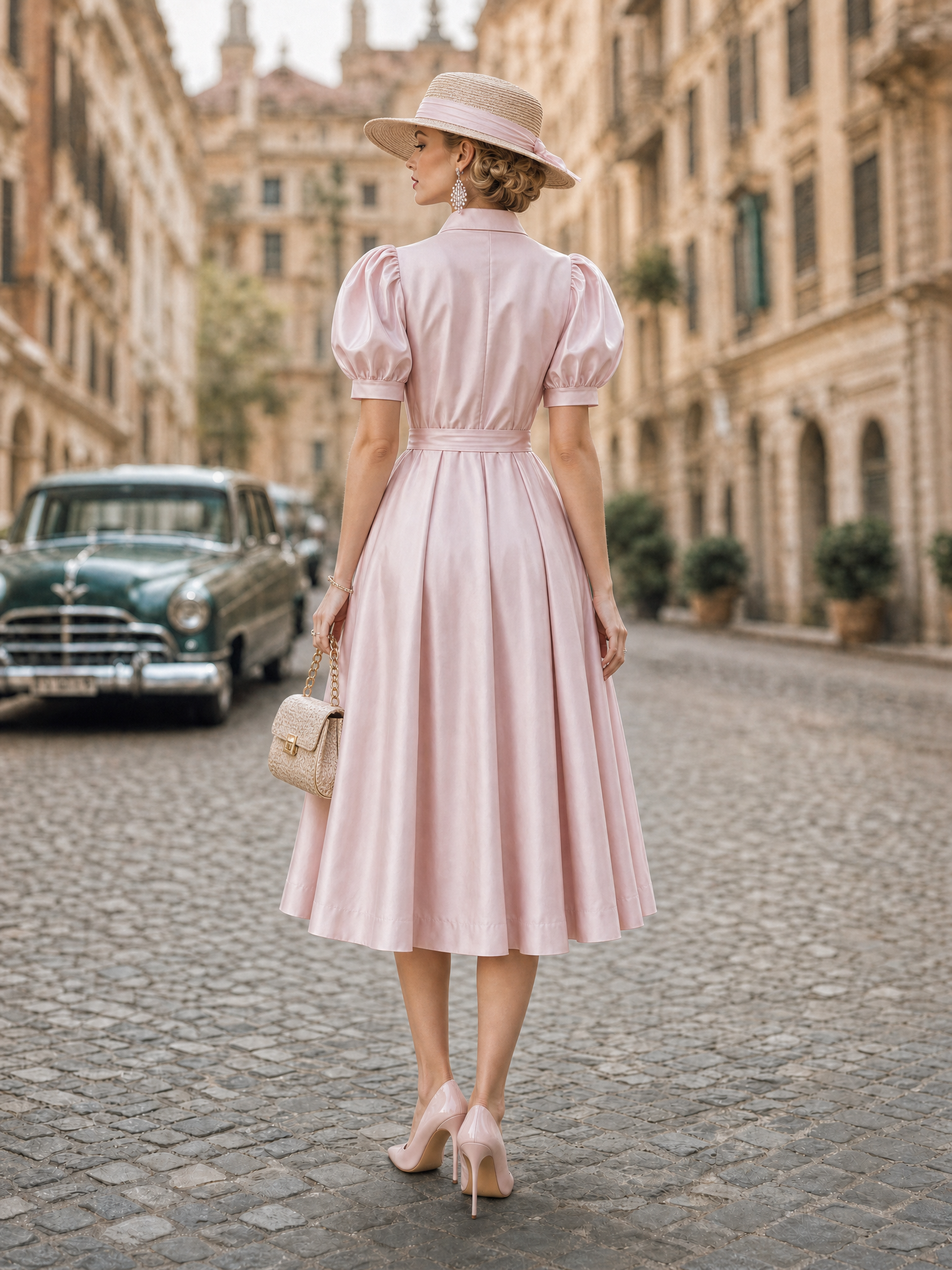Vintage Satin Floral Print Puff Sleeve Belted Shirt Midi Dress