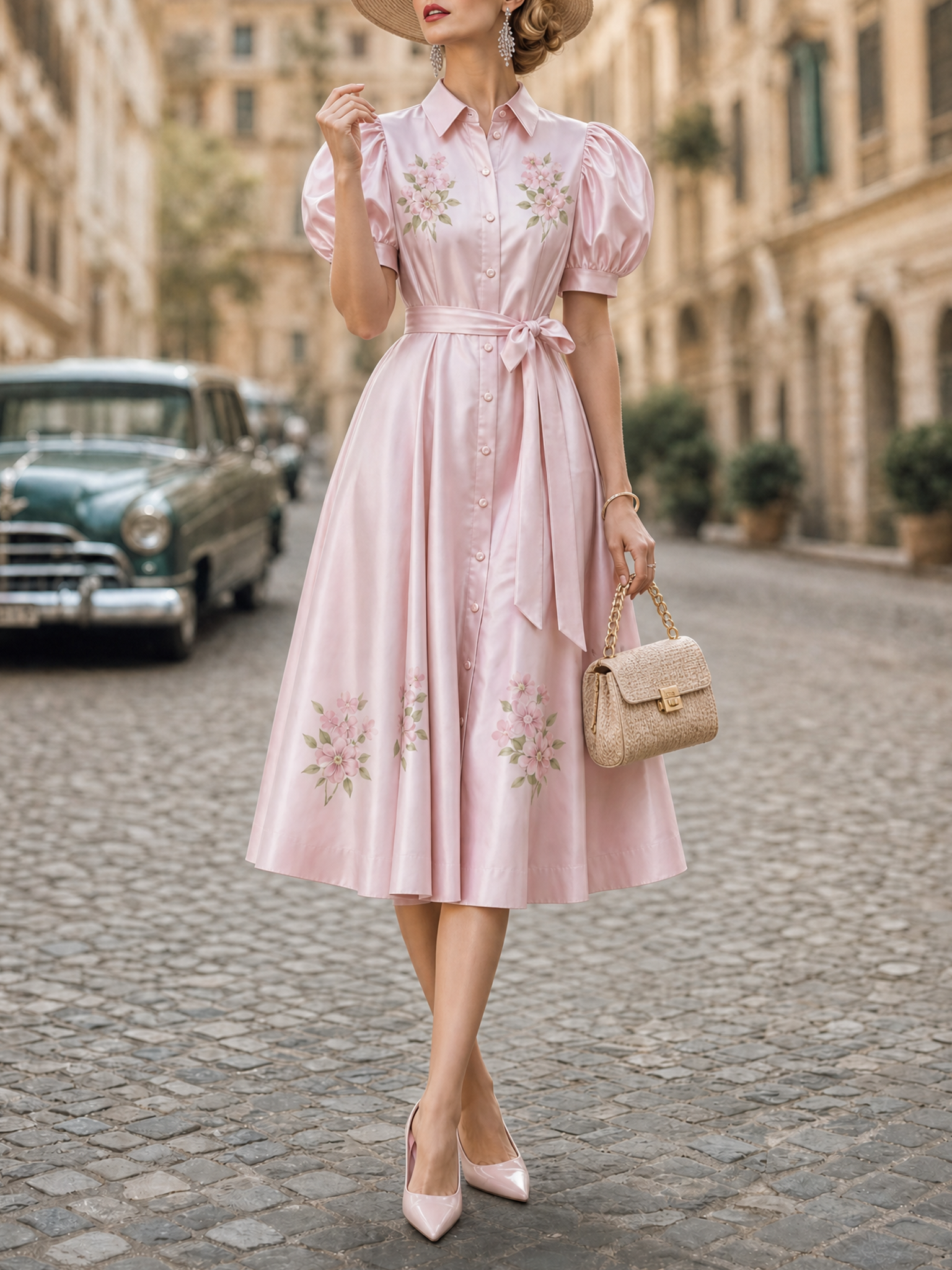 Vintage Satin Floral Print Puff Sleeve Belted Shirt Midi Dress