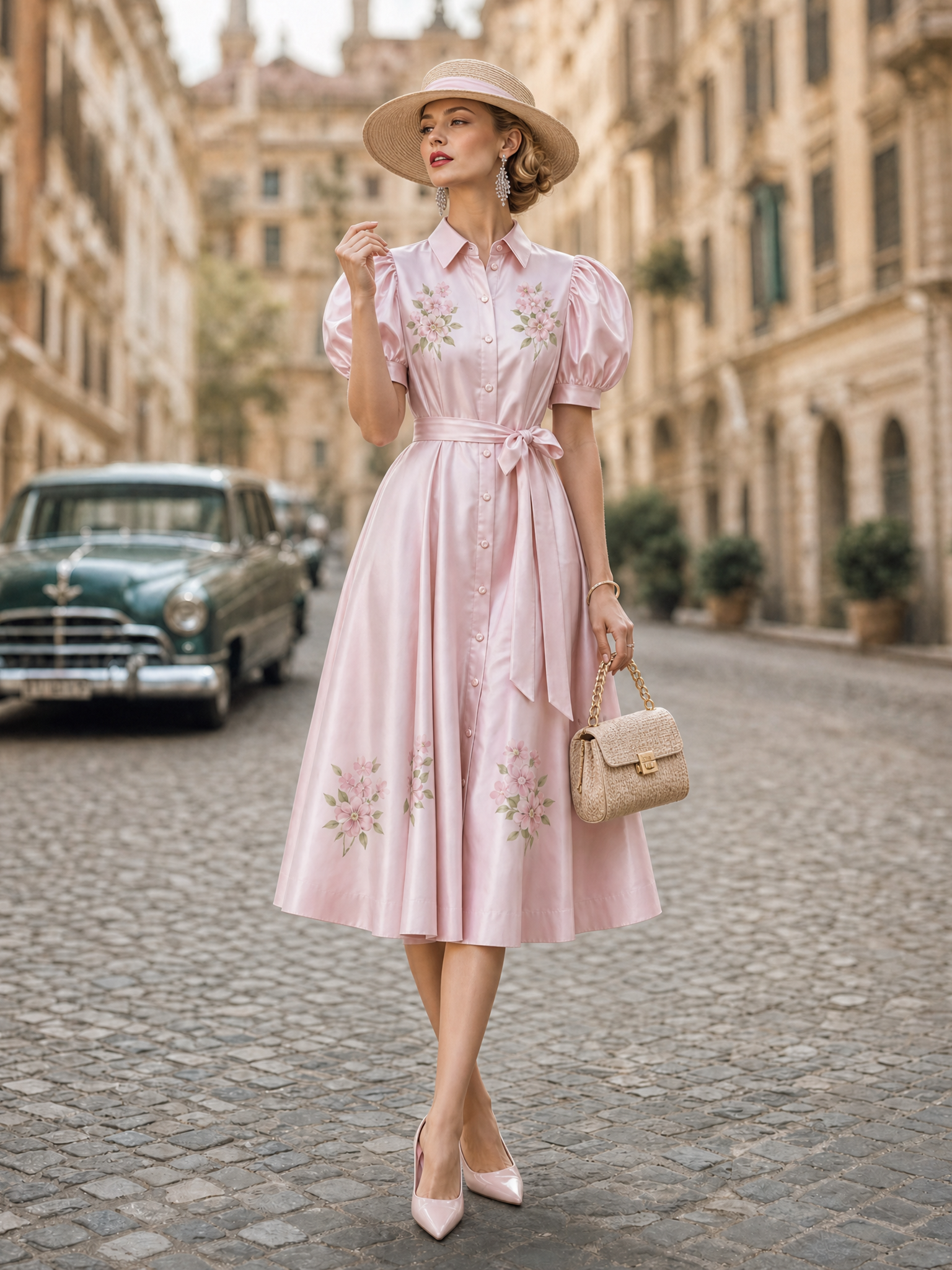 Vintage Satin Floral Print Puff Sleeve Belted Shirt Midi Dress