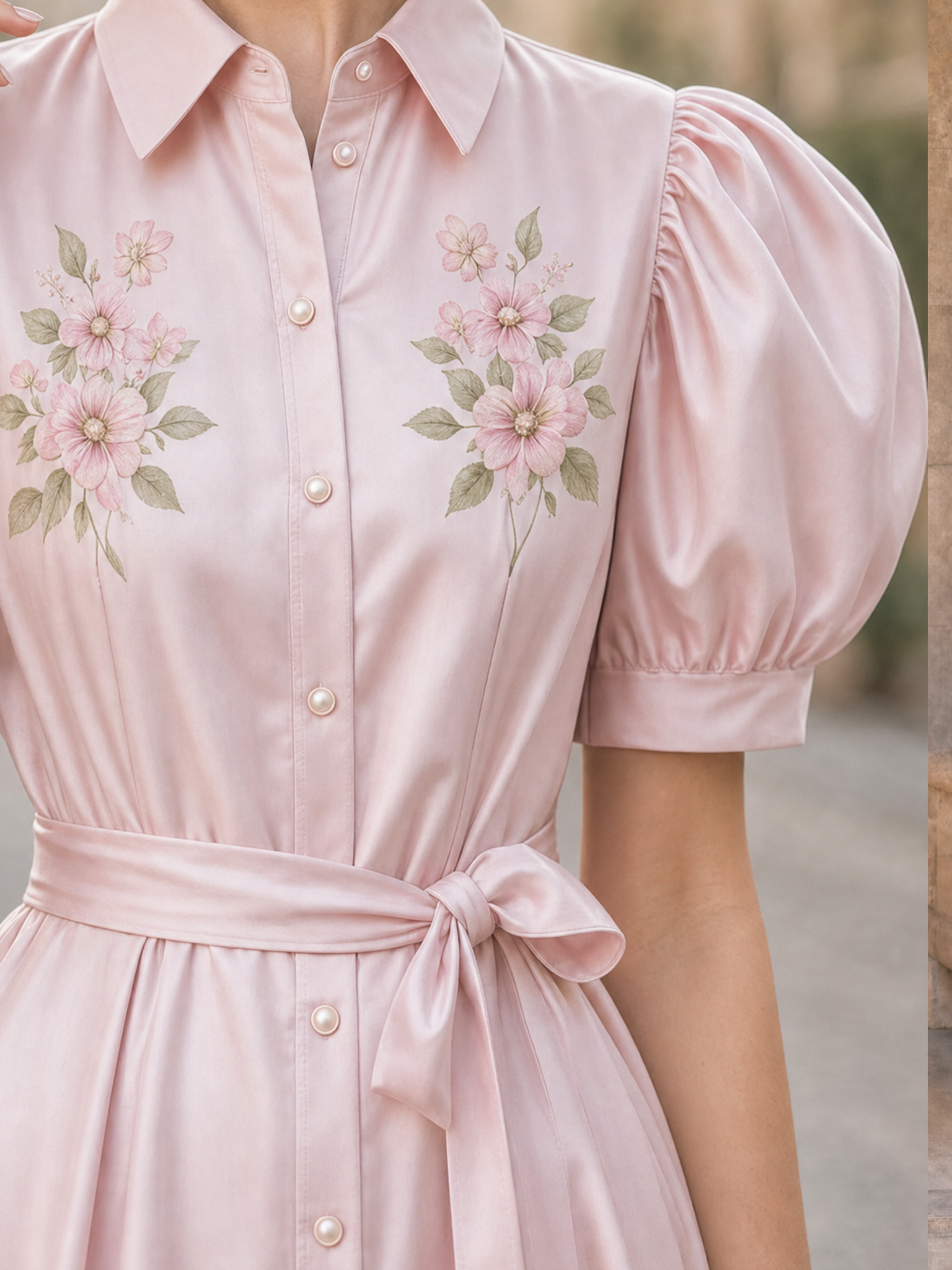 Vintage Satin Floral Print Puff Sleeve Belted Shirt Midi Dress