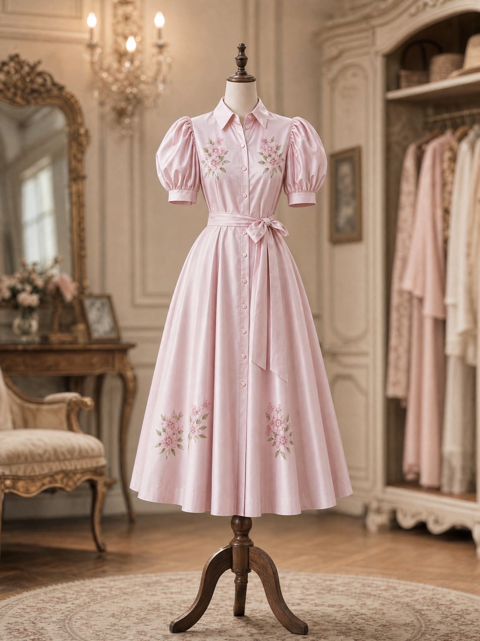 Vintage Satin Floral Print Puff Sleeve Belted Shirt Midi Dress