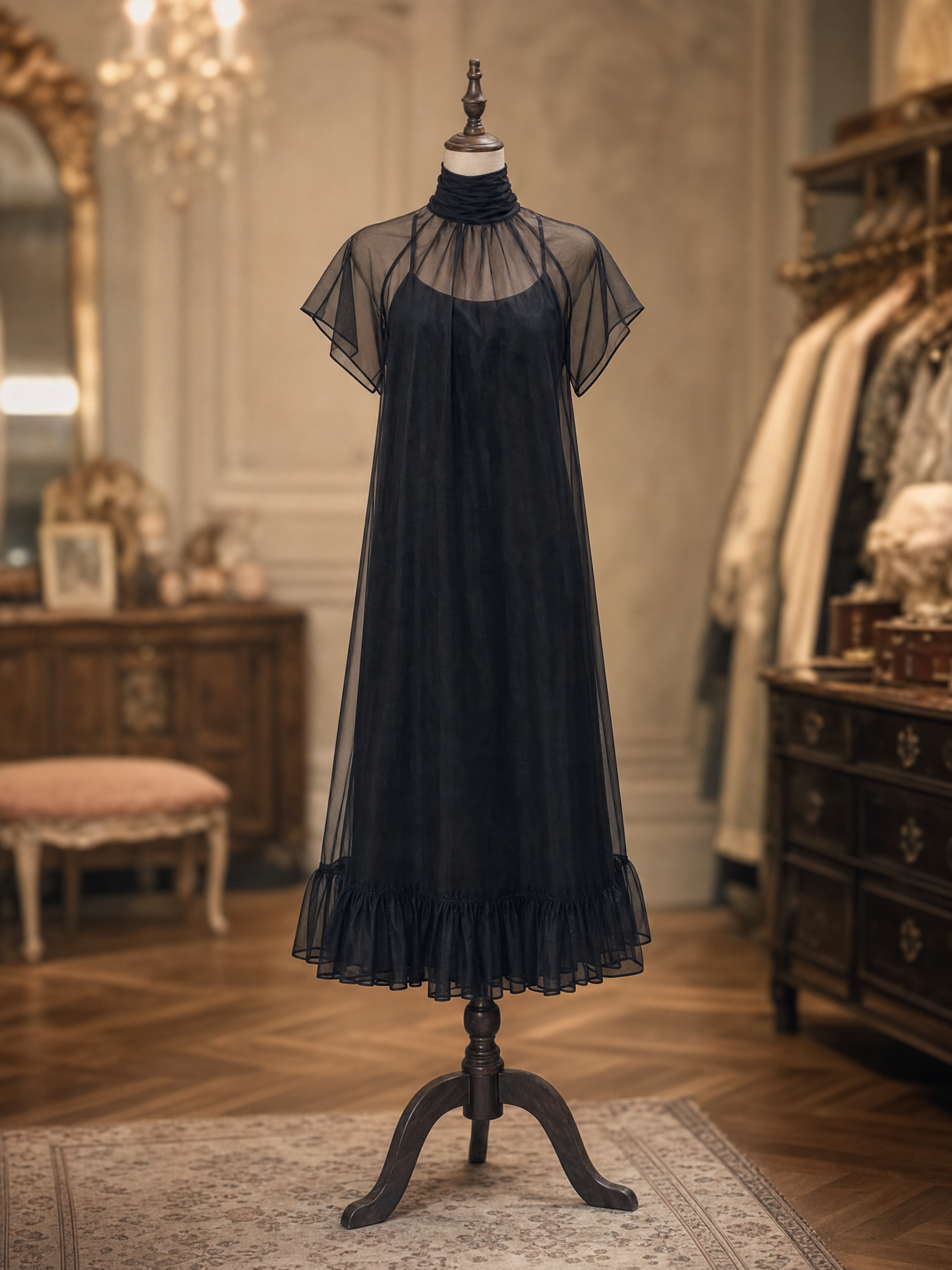 Vintage Sheer Turtleneck Flutter Sleeve Ruffle Hem Slip Midi Dress