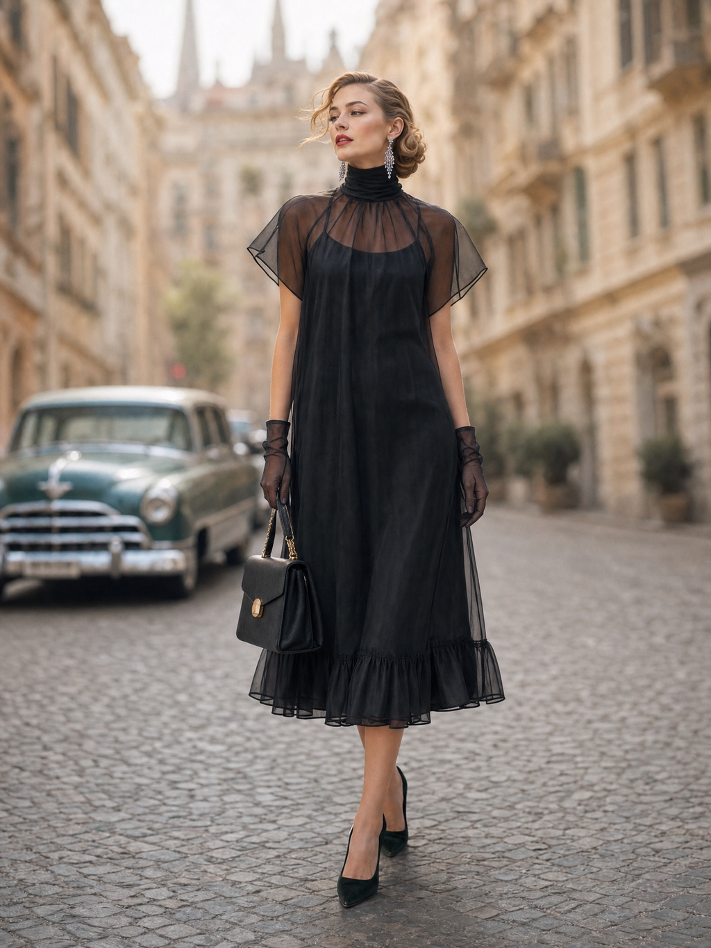 Vintage Sheer Turtleneck Flutter Sleeve Ruffle Hem Slip Midi Dress