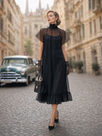 Vintage Sheer Turtleneck Flutter Sleeve Ruffle Hem Slip Midi Dress