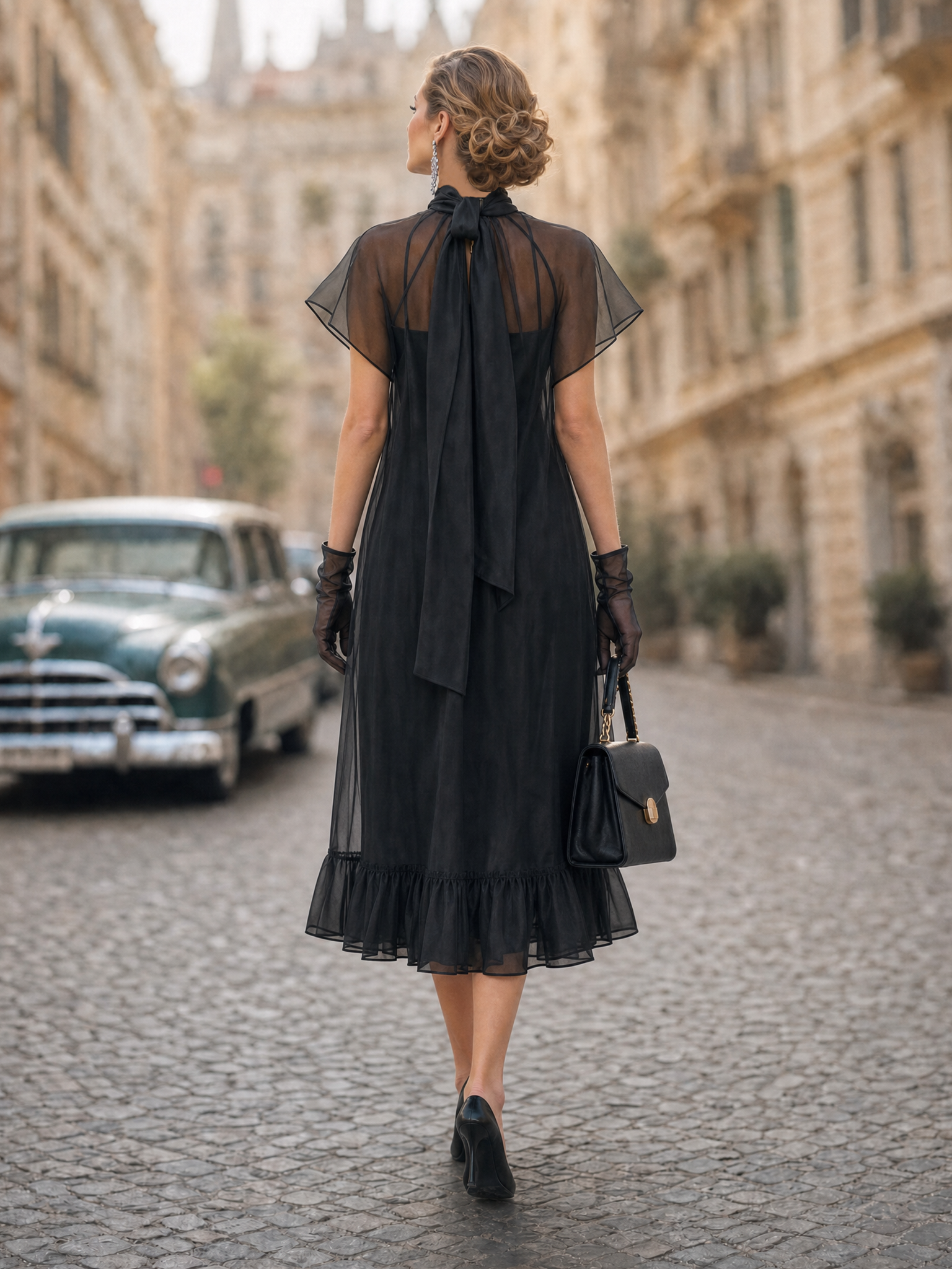 Vintage Sheer Turtleneck Flutter Sleeve Ruffle Hem Slip Midi Dress