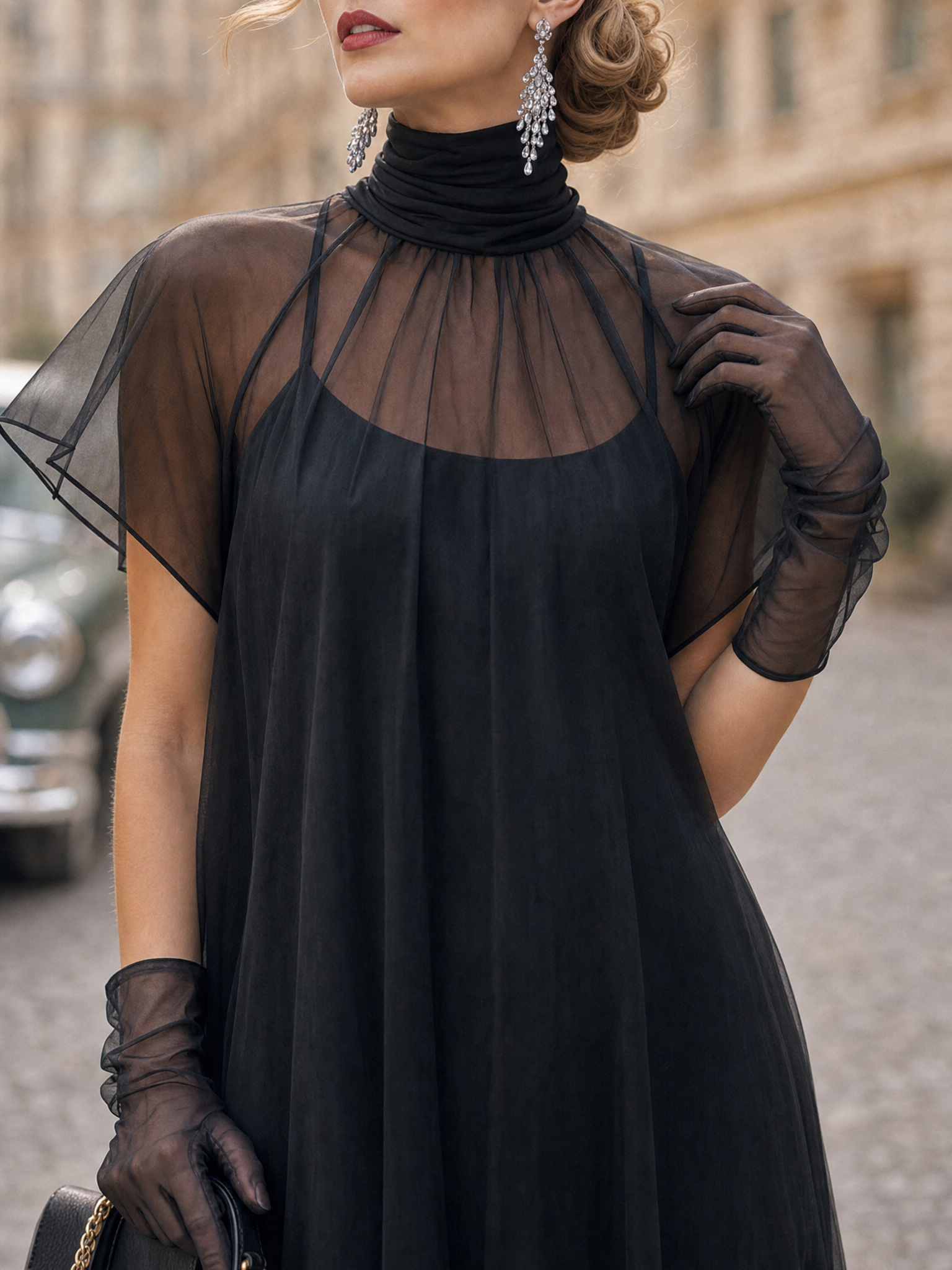 Vintage Sheer Turtleneck Flutter Sleeve Ruffle Hem Slip Midi Dress