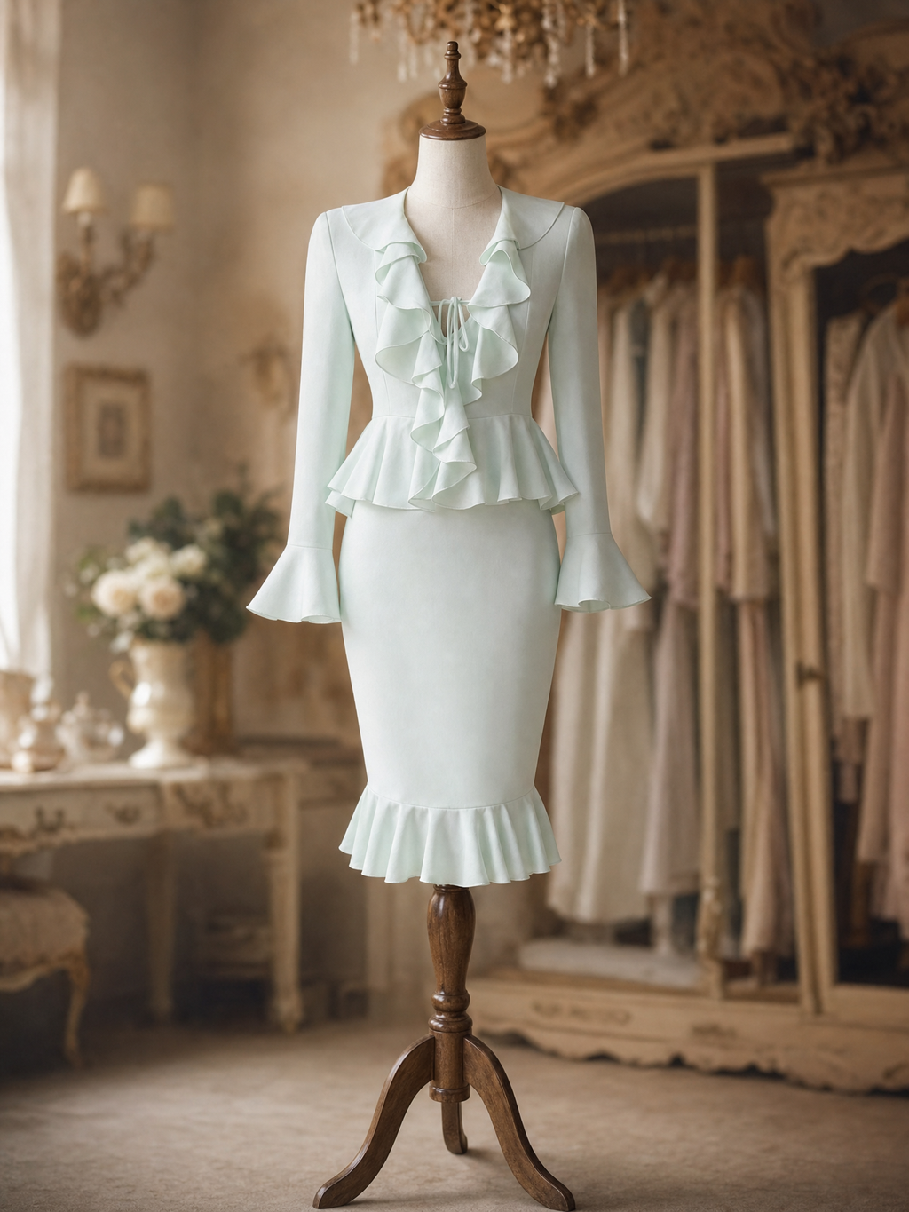 Vintage Ruffle V Neck Matching Mermaid Skirt Set