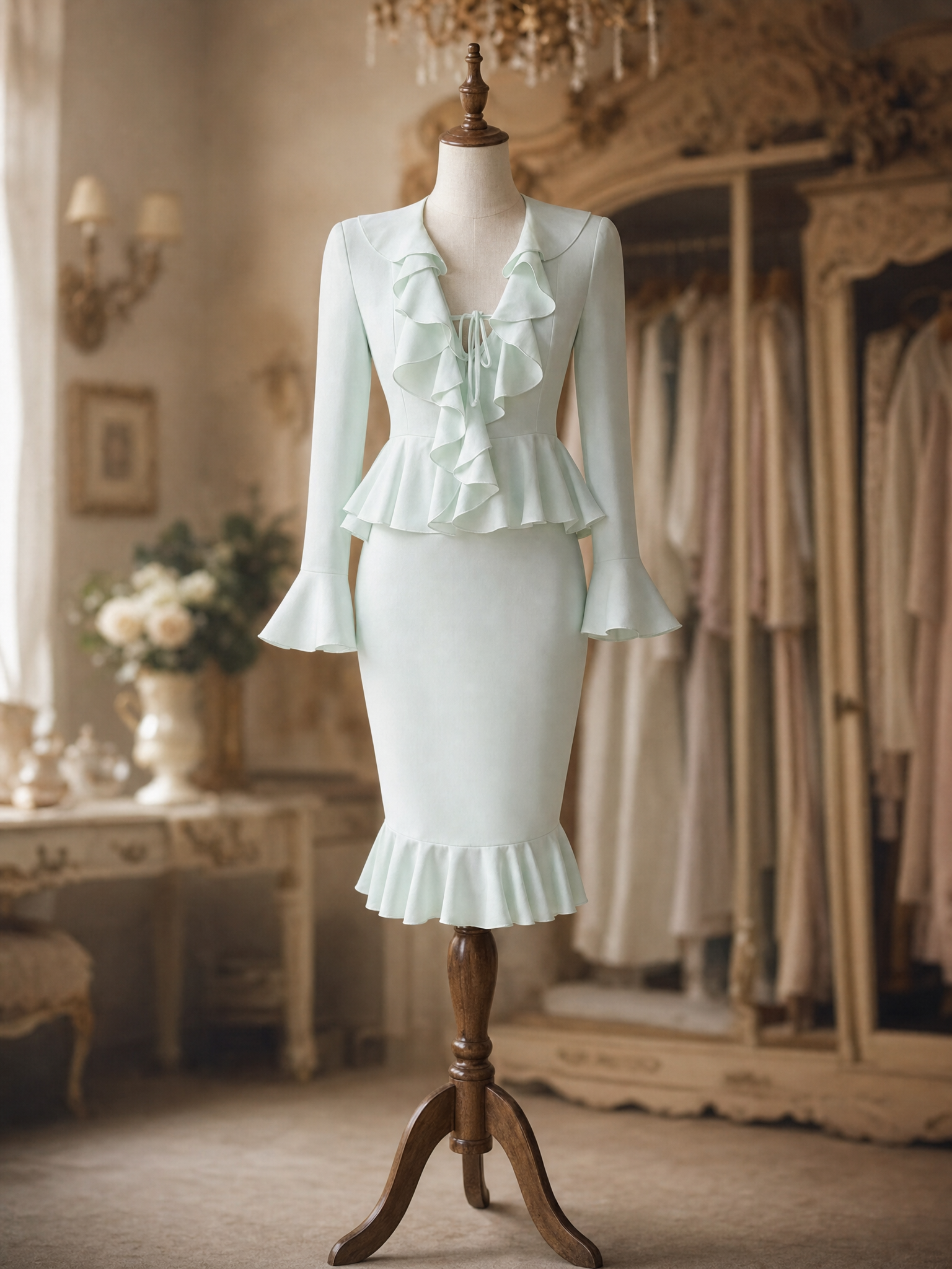 Vintage Ruffle V Neck Matching Mermaid Skirt Set