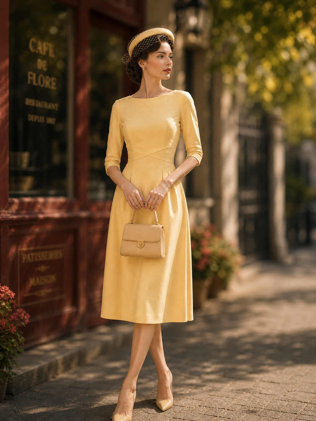 Vintage French Yellow Boat-Neck 3/4 Sleeve Midi Dress