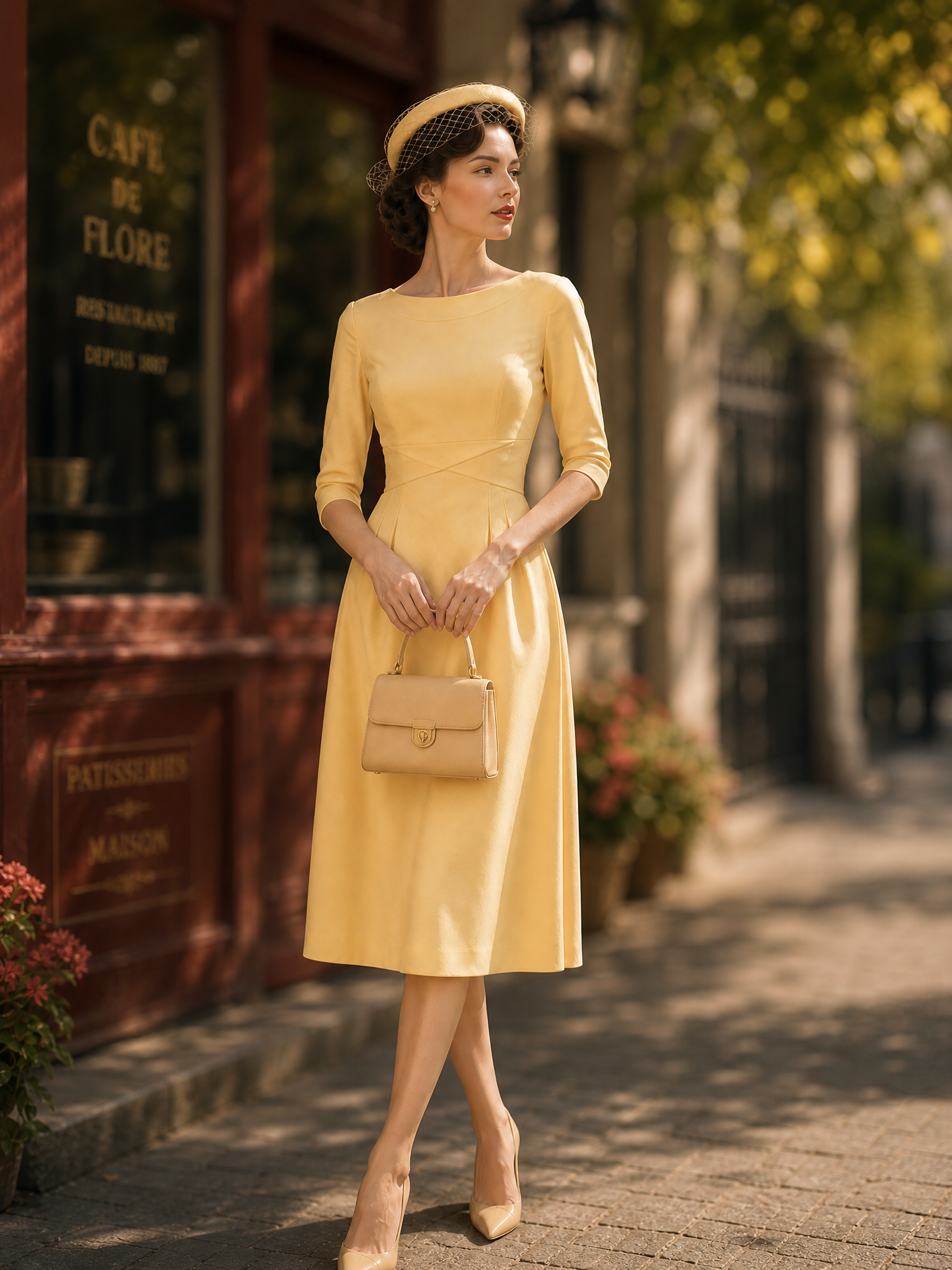 Vintage French Yellow Boat-Neck 3/4 Sleeve Midi Dress