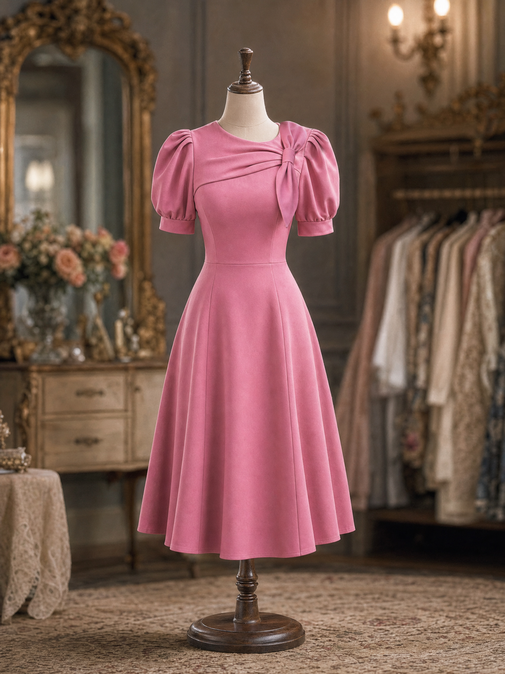Vintage Pink Bow Puff Sleeve Midi Tea Party Midi Dress