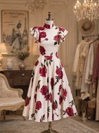 Vintage Red Rose Print Stand Collar Ruffle Shoulder Midi Dress