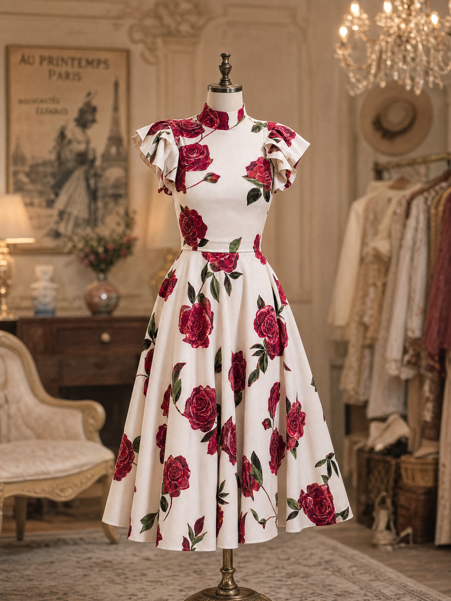 Vintage Red Rose Print Stand Collar Ruffle Shoulder Midi Dress