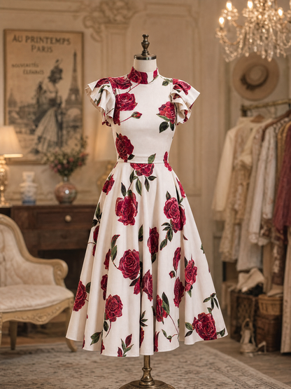 Vintage Red Rose Print Stand Collar Ruffle Shoulder Midi Dress