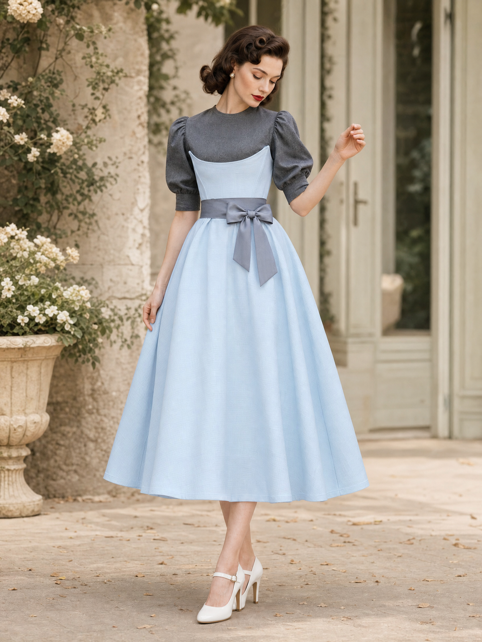 Vintage Color Block Fake Two-Piece Umbrella Midi Dress