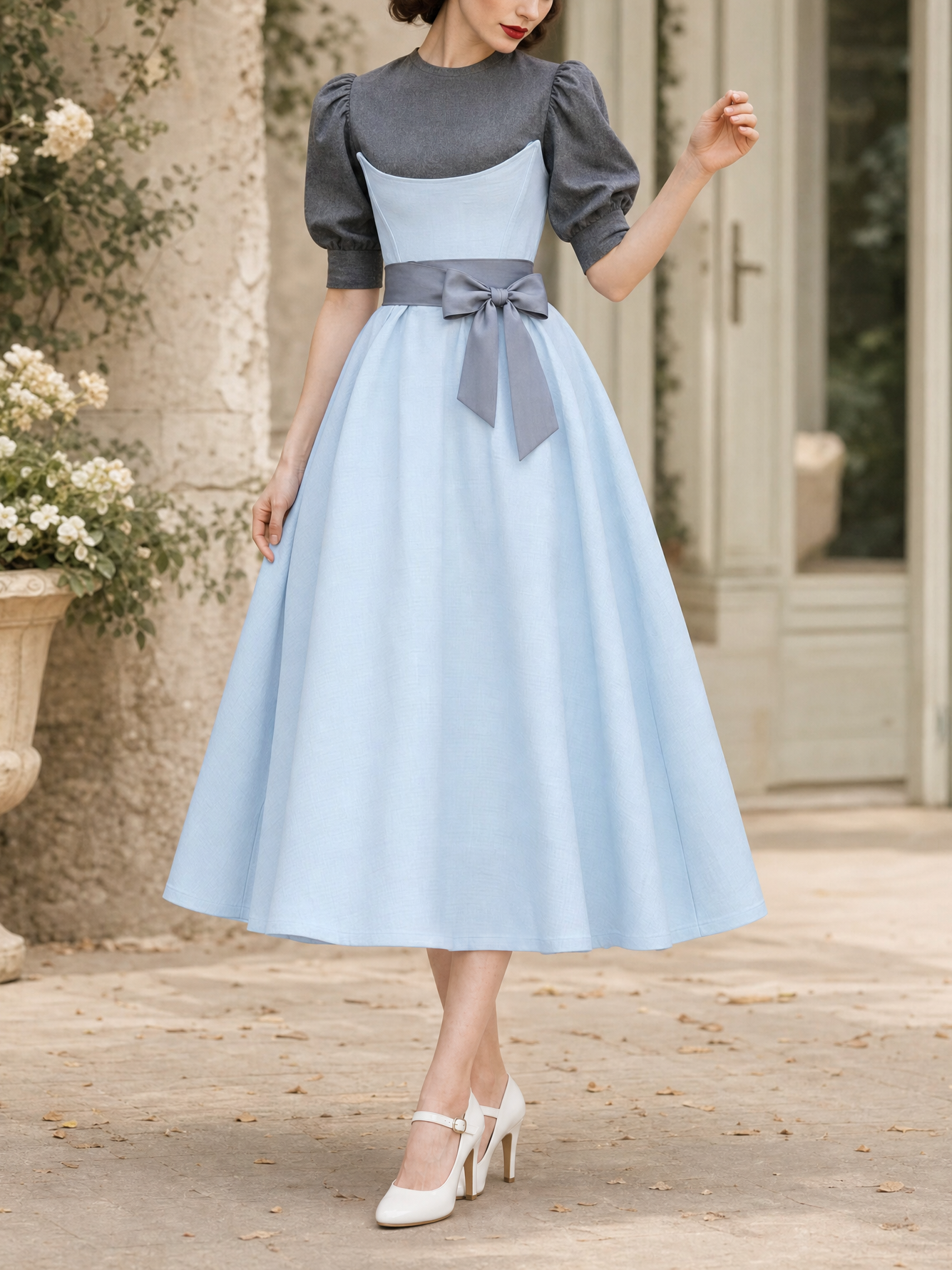 Vintage Color Block Fake Two-Piece Umbrella Midi Dress