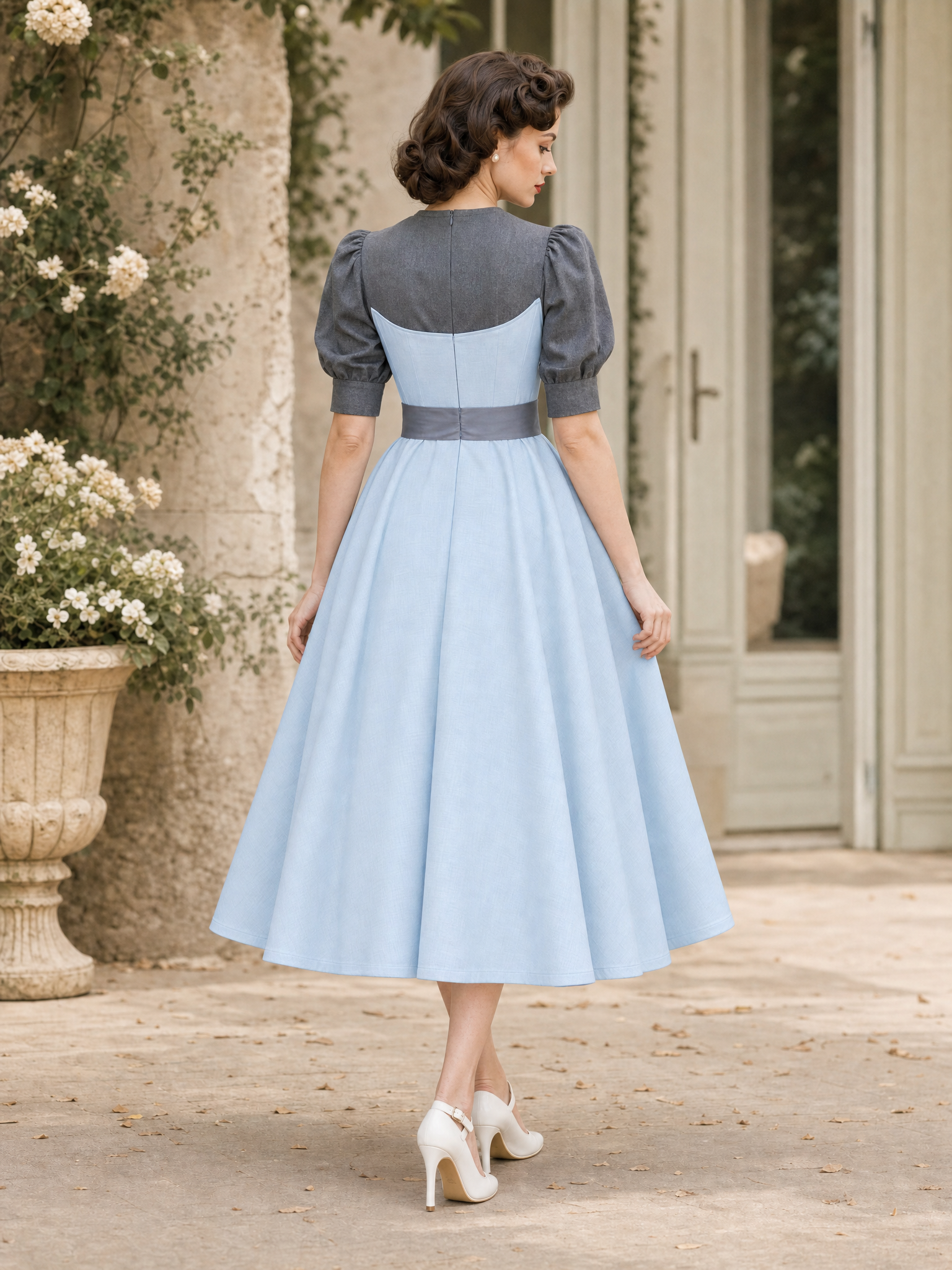 Vintage Color Block Fake Two-Piece Umbrella Midi Dress