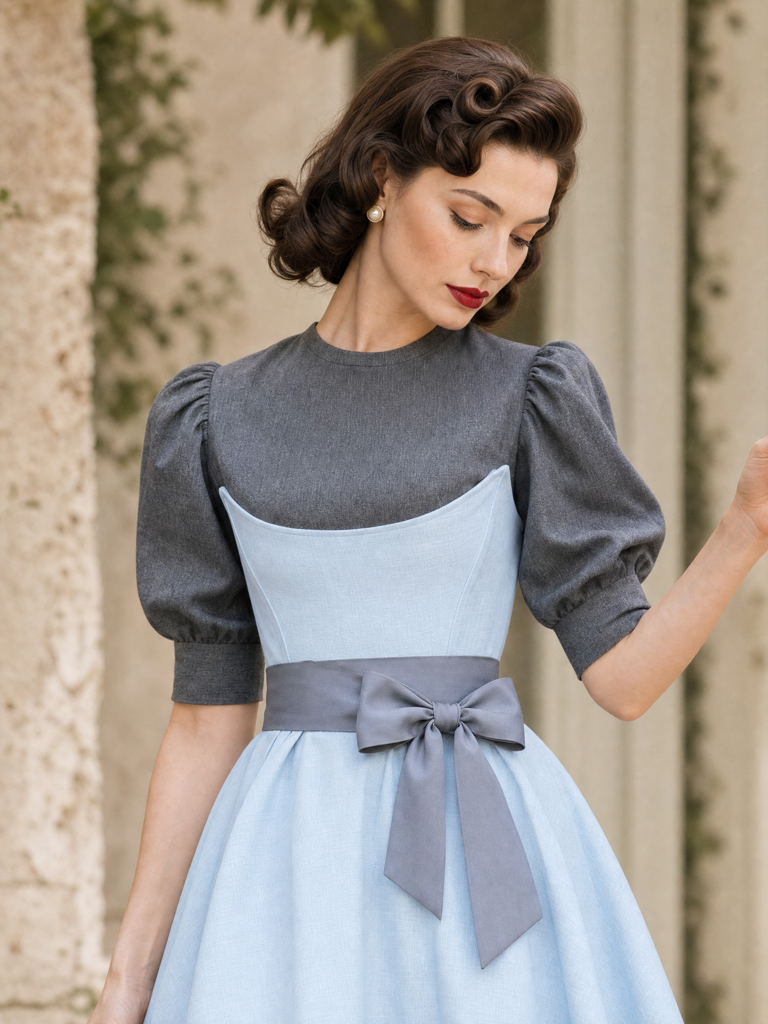 Vintage Color Block Fake Two-Piece Umbrella Midi Dress