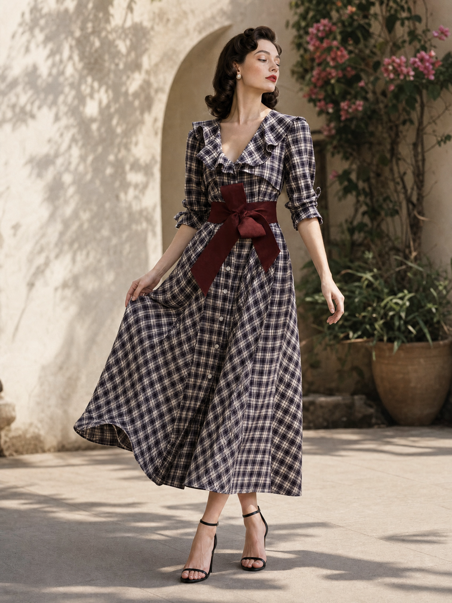 Vintage Plaid Color Contrast Belt Maxi Dress