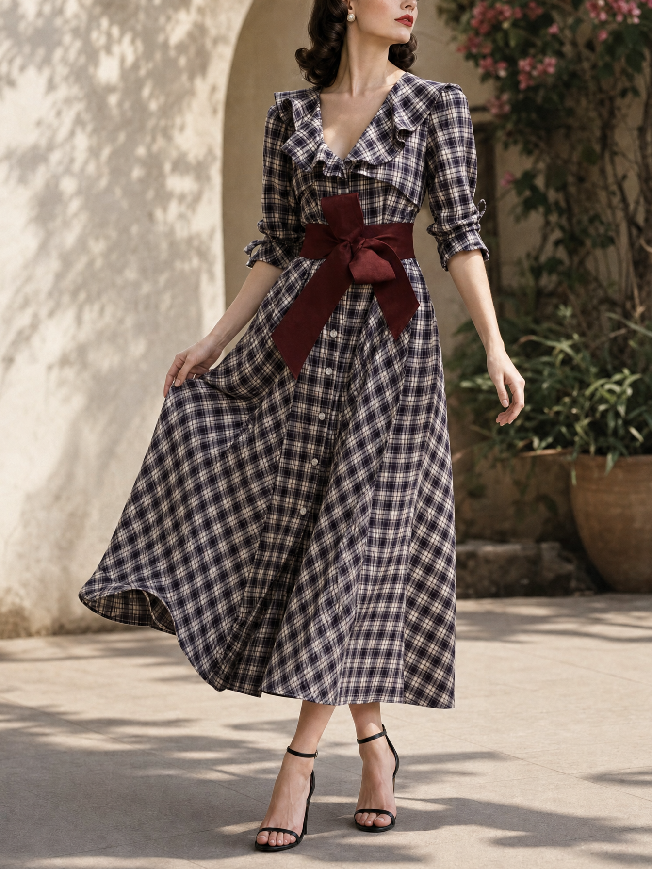 Vintage Plaid Color Contrast Belt Maxi Dress
