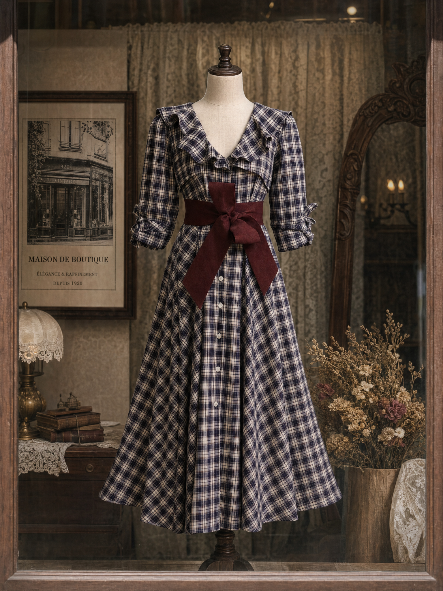 Vintage Plaid Color Contrast Belt Maxi Dress