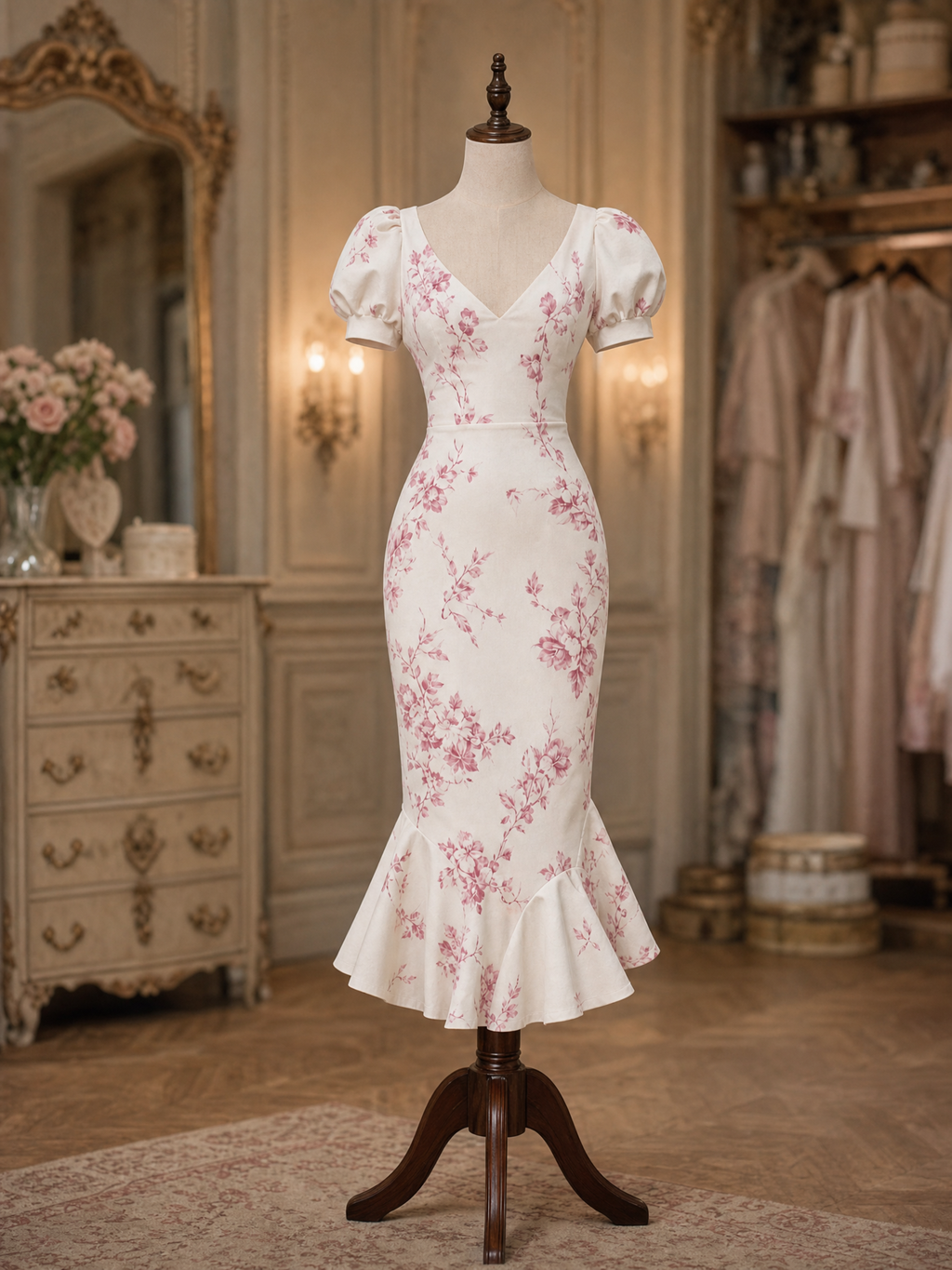 Vintage Pink Blossom Print Puff Sleeve Mermaid Bodycon Midi Dress