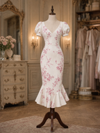 Vintage Pink Blossom Print Puff Sleeve Mermaid Bodycon Midi Dress
