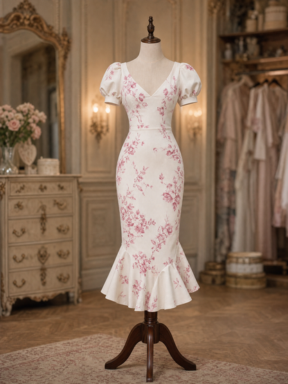 Vintage Pink Blossom Print Puff Sleeve Mermaid Bodycon Midi Dress