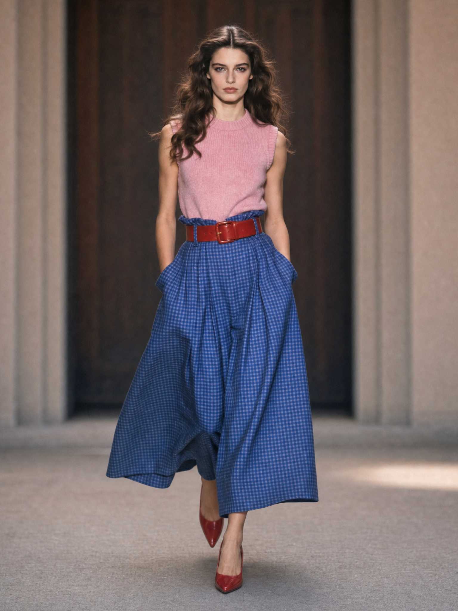 Vintage Blue Gingham Ruffled Full Flared Midi Skirt