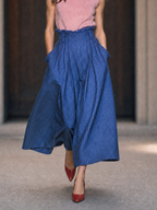 Vintage Blue Gingham Ruffled Full Flared Midi Skirt