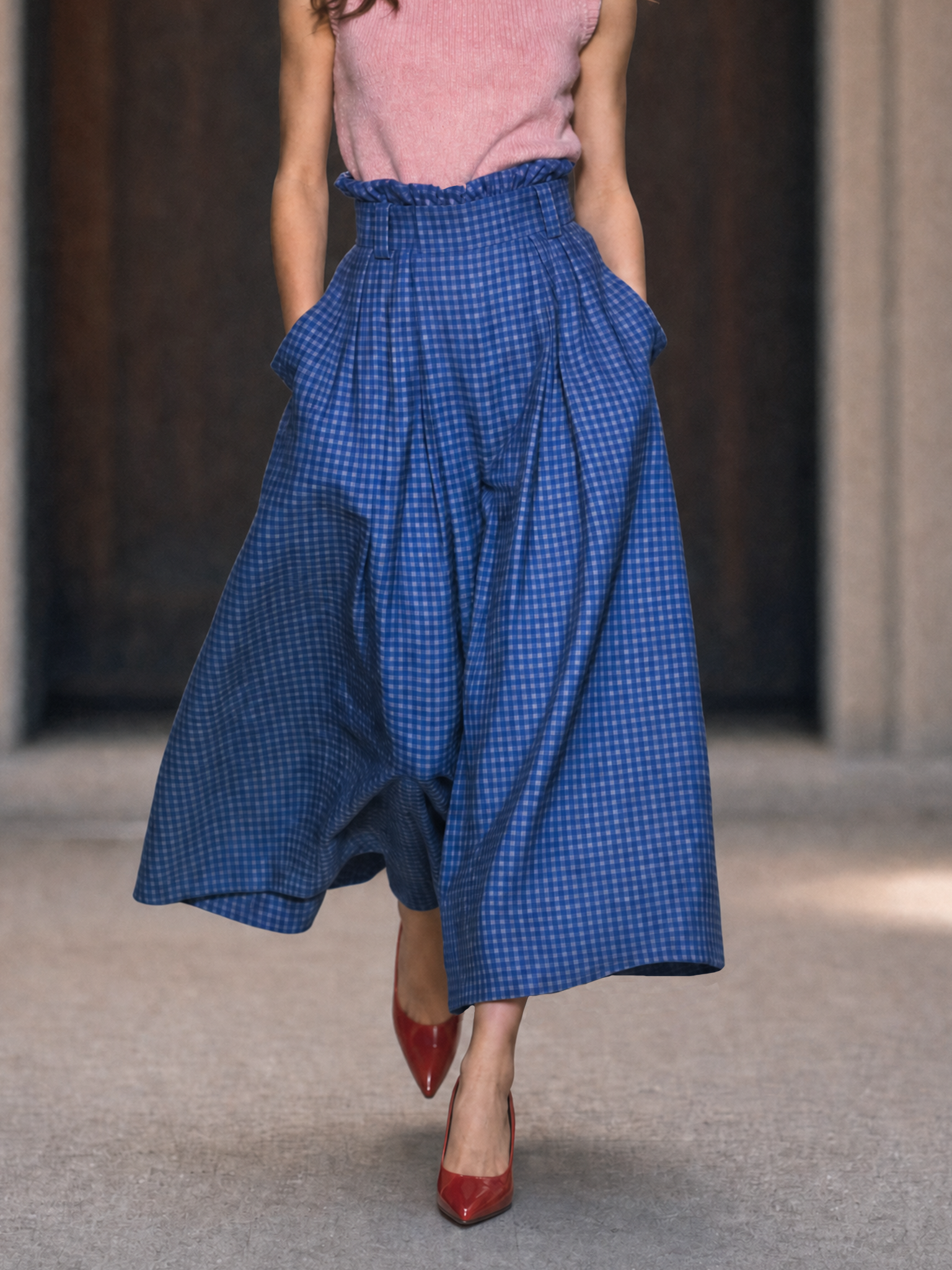 Vintage Blue Gingham Ruffled Full Flared Midi Skirt