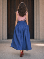 Vintage Blue Gingham Ruffled Full Flared Midi Skirt