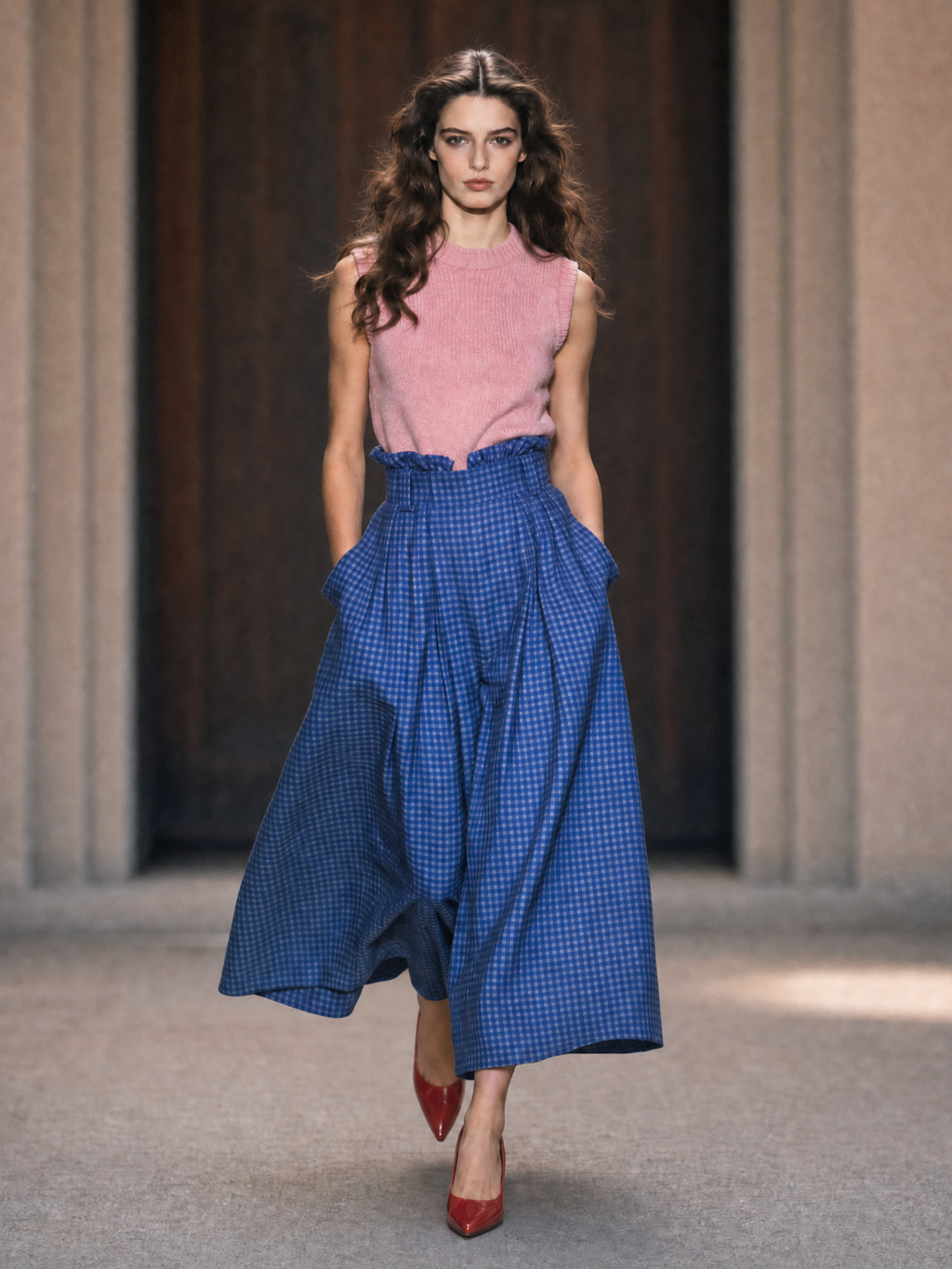 Vintage Blue Gingham Ruffled Full Flared Midi Skirt