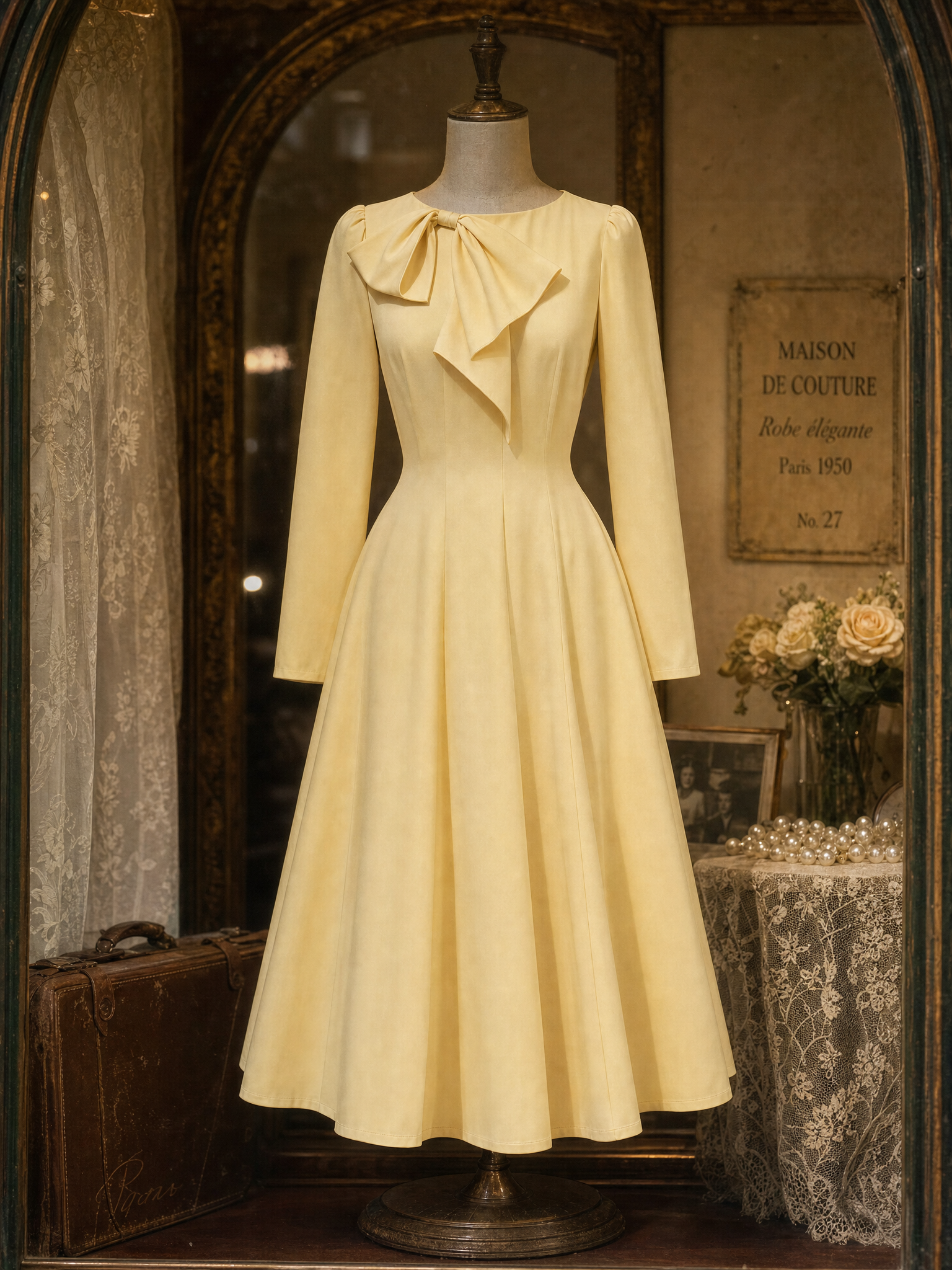 Vintage Bow Collar Umbrella Midi Dress