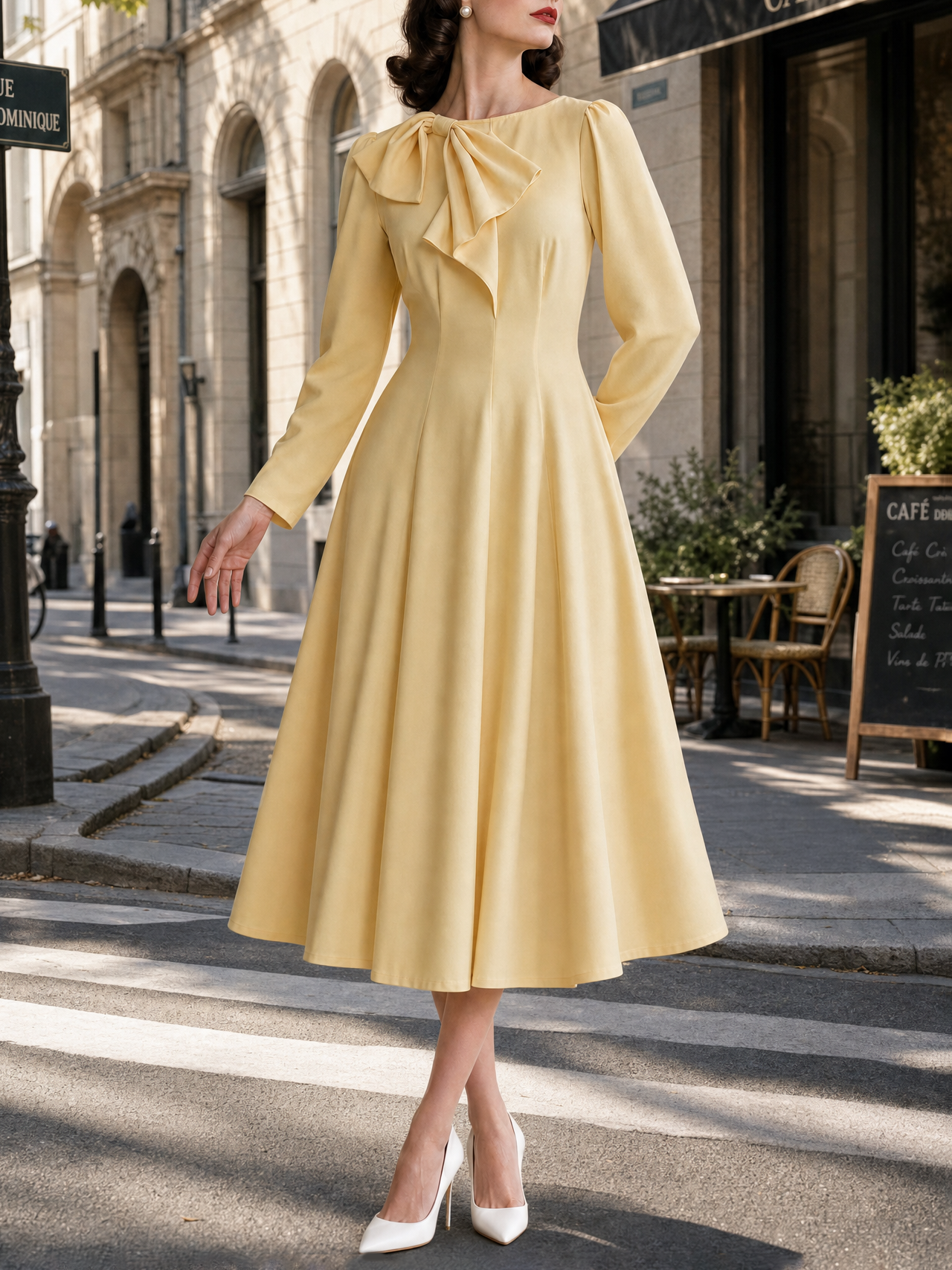 Vintage Bow Collar Umbrella Midi Dress