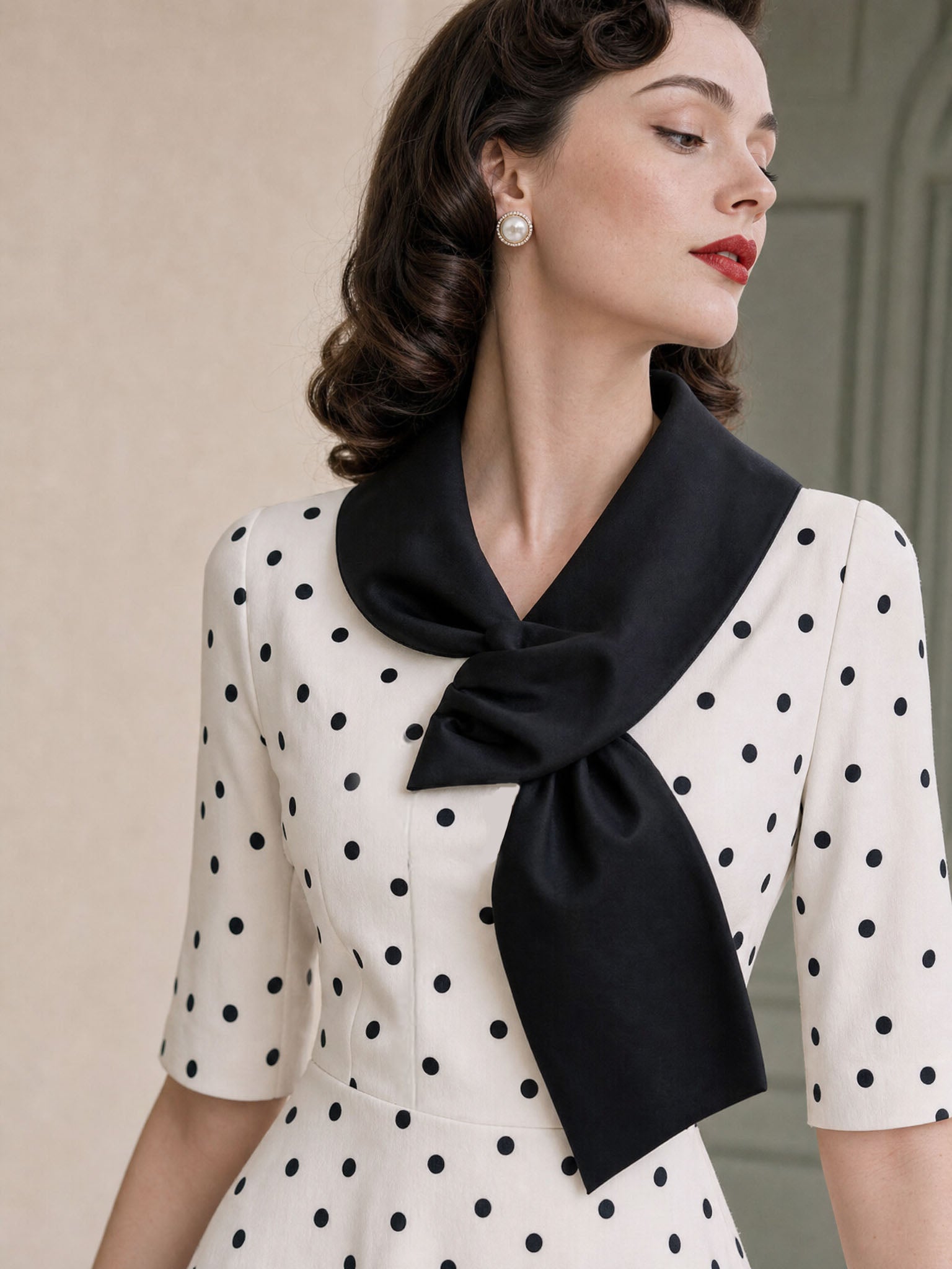 Vintage Polka Dot Unique Collar Midi Dress