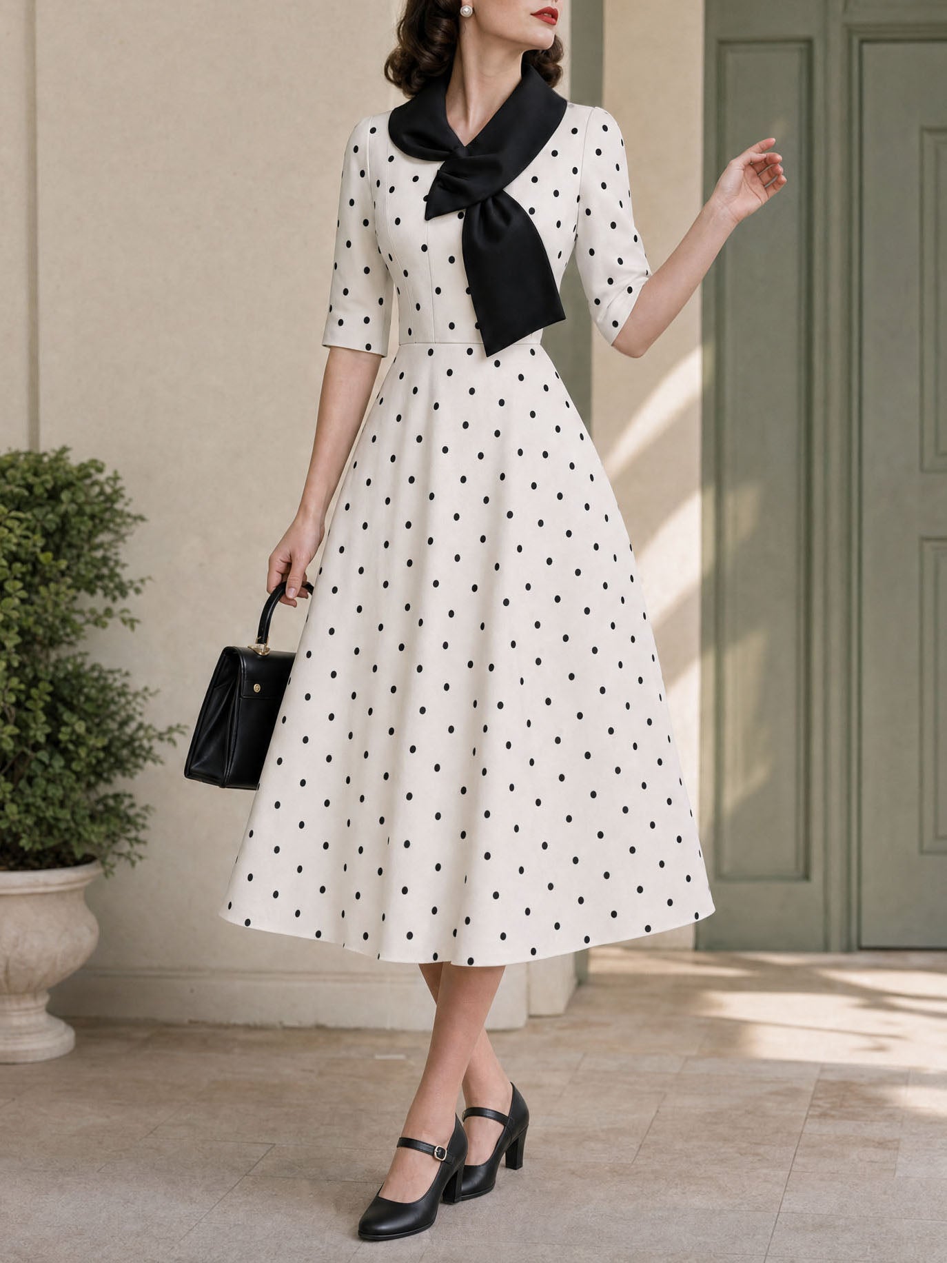 Vintage Polka Dot Unique Collar Midi Dress