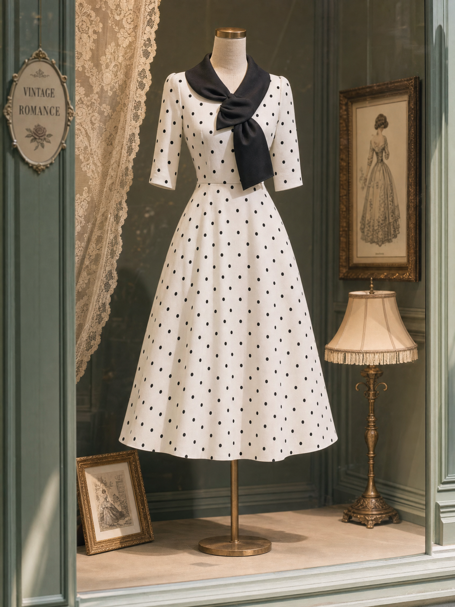 Vintage Polka Dot Unique Collar Midi Dress
