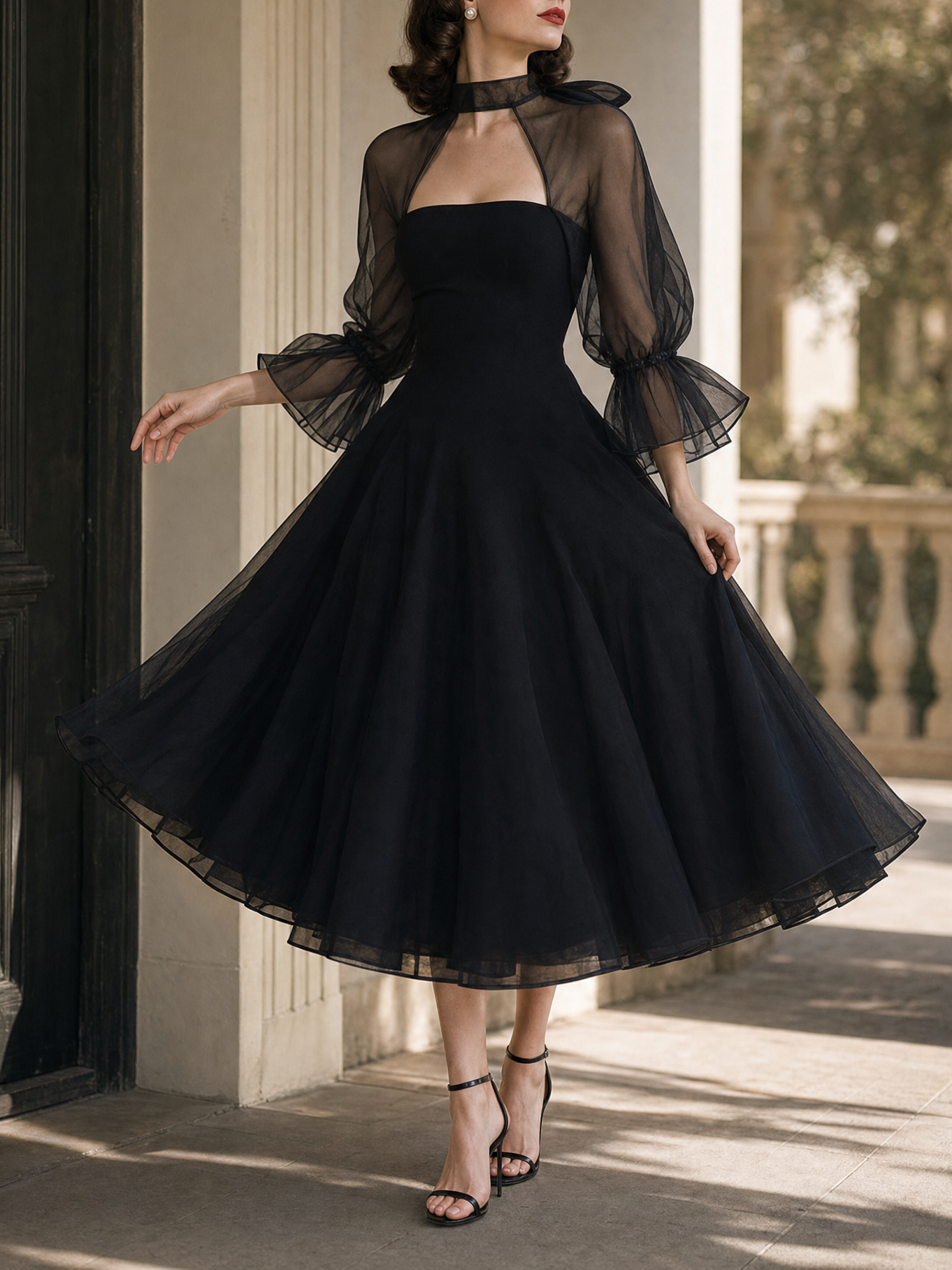 Vintage Organza Puff Sleeves Gown Maxi Dress