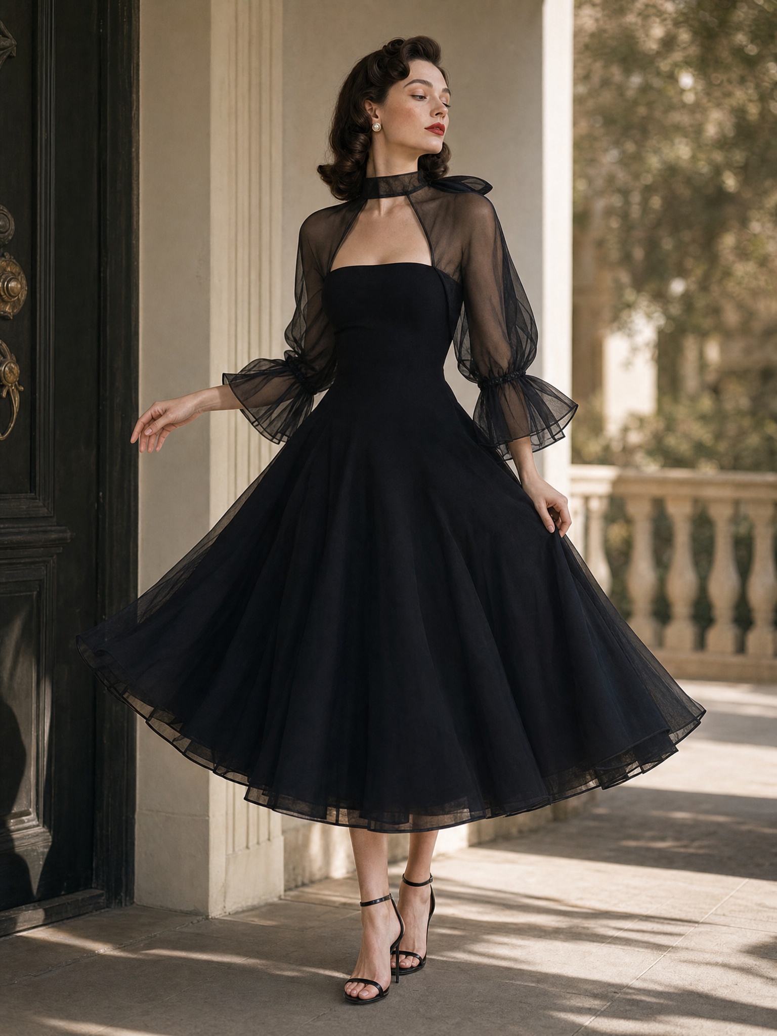 Vintage Organza Puff Sleeves Gown Maxi Dress
