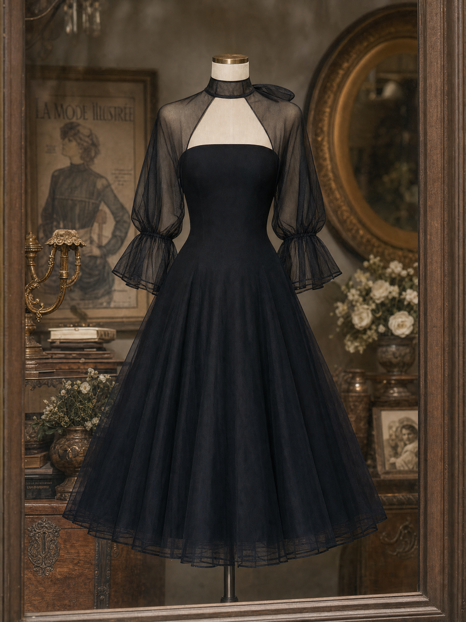 Vintage Organza Puff Sleeves Gown Maxi Dress